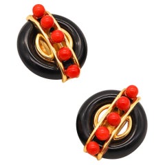 Vintage Cartier 1974 Aldo Cipullo Sculptural Earrings 18Kt Yellow Gold With Onyx & Coral
