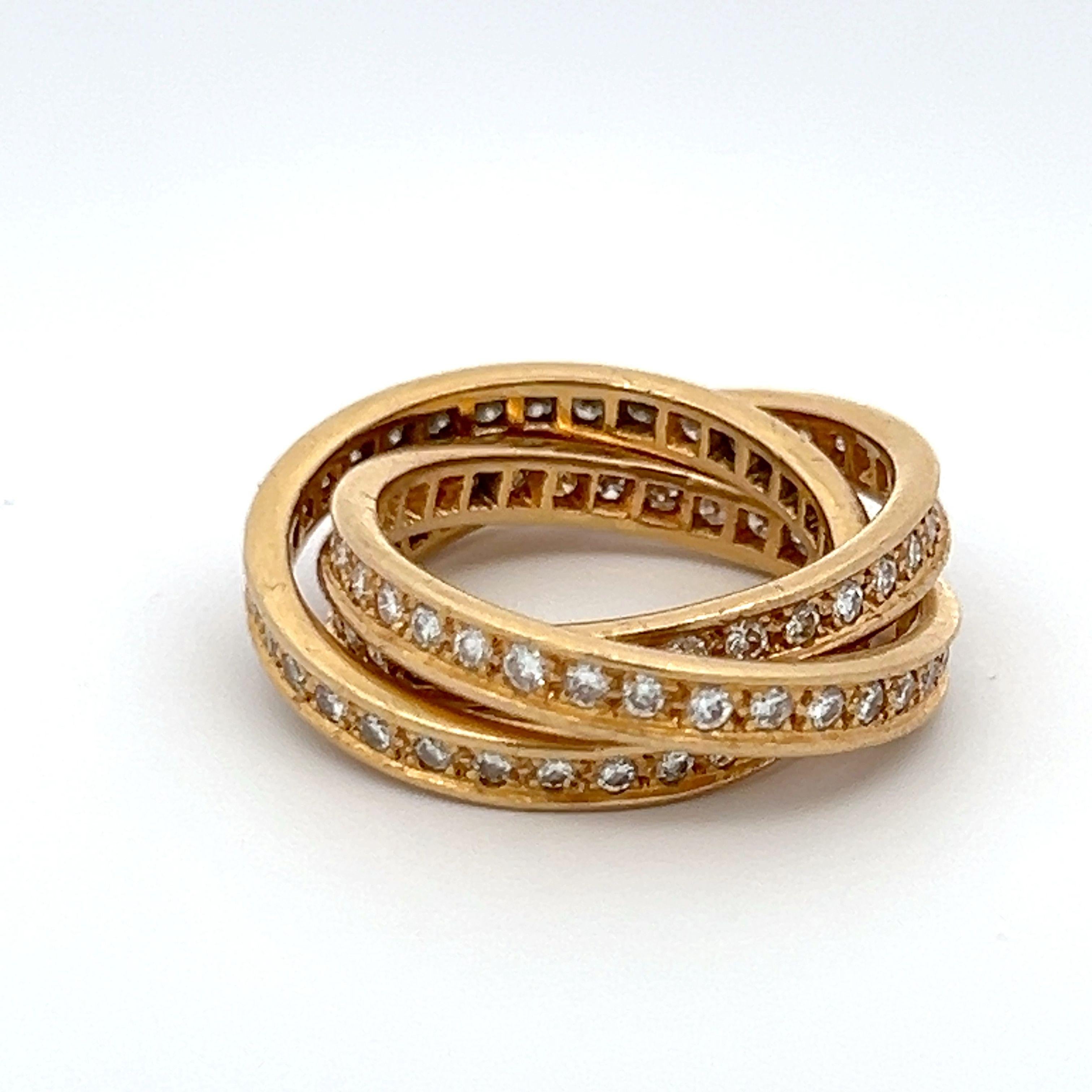 Cartier 1,98 Carati Diamante Rotondo Brillante Oro Giallo 18 Carati Anello Trinità In condizioni buone a New York, NY