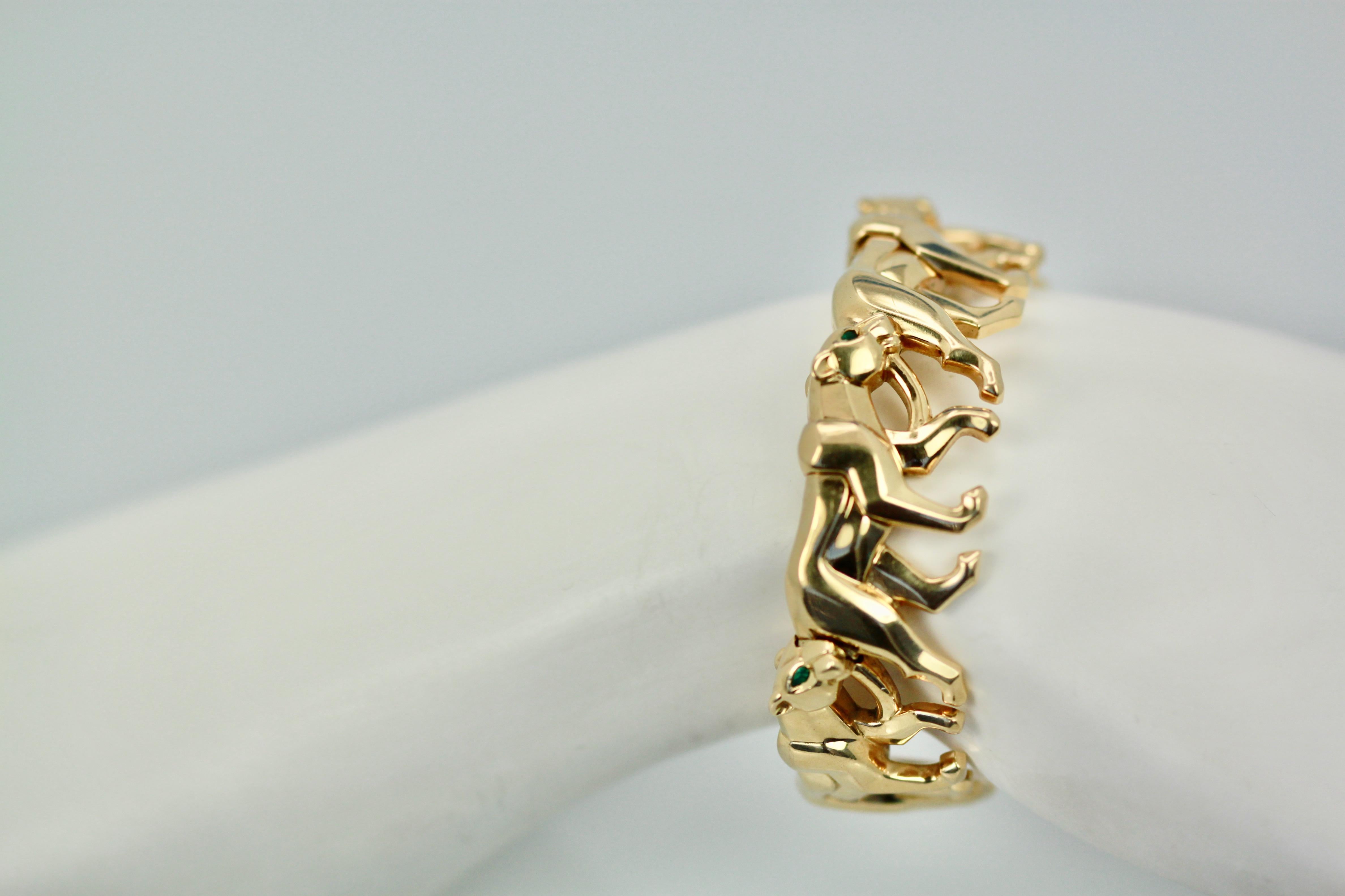 Cartier 1980 Flexible 18 Karat Panthere Bracelet Cuff Emerald Eyes In Excellent Condition In North Hollywood, CA