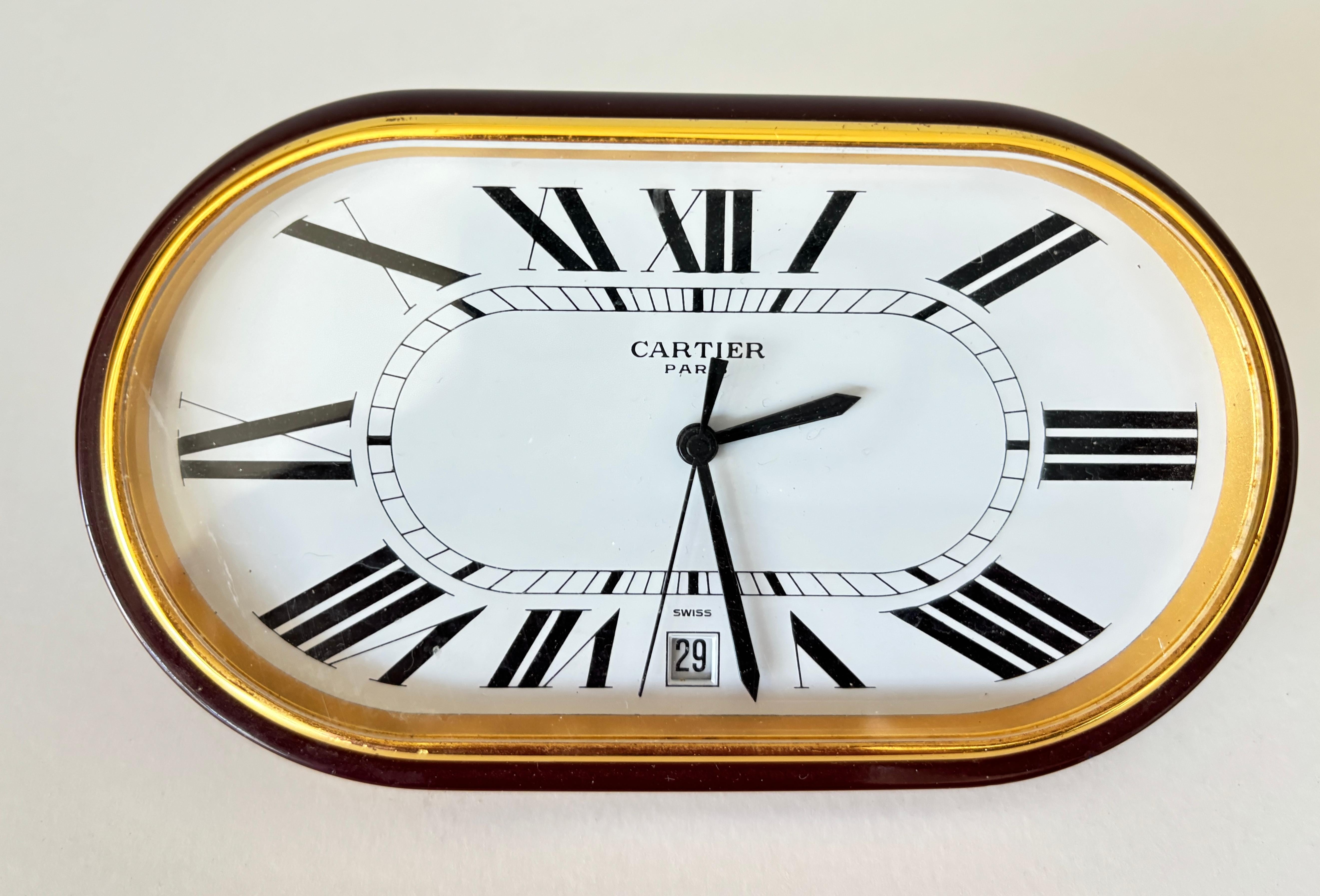 Cartier 1980s Burgundy Enamel Accordion Desk Clock with Date