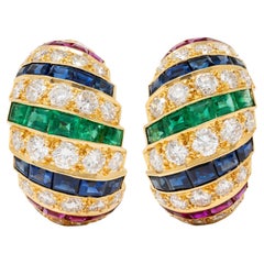 Cartier 1980's Diamond Multi-Gem 18K Gold Vintage Domed Turban Earrings