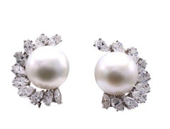 Cartier 1980s Diamond South Sea Pearl Platinum Ear Clips