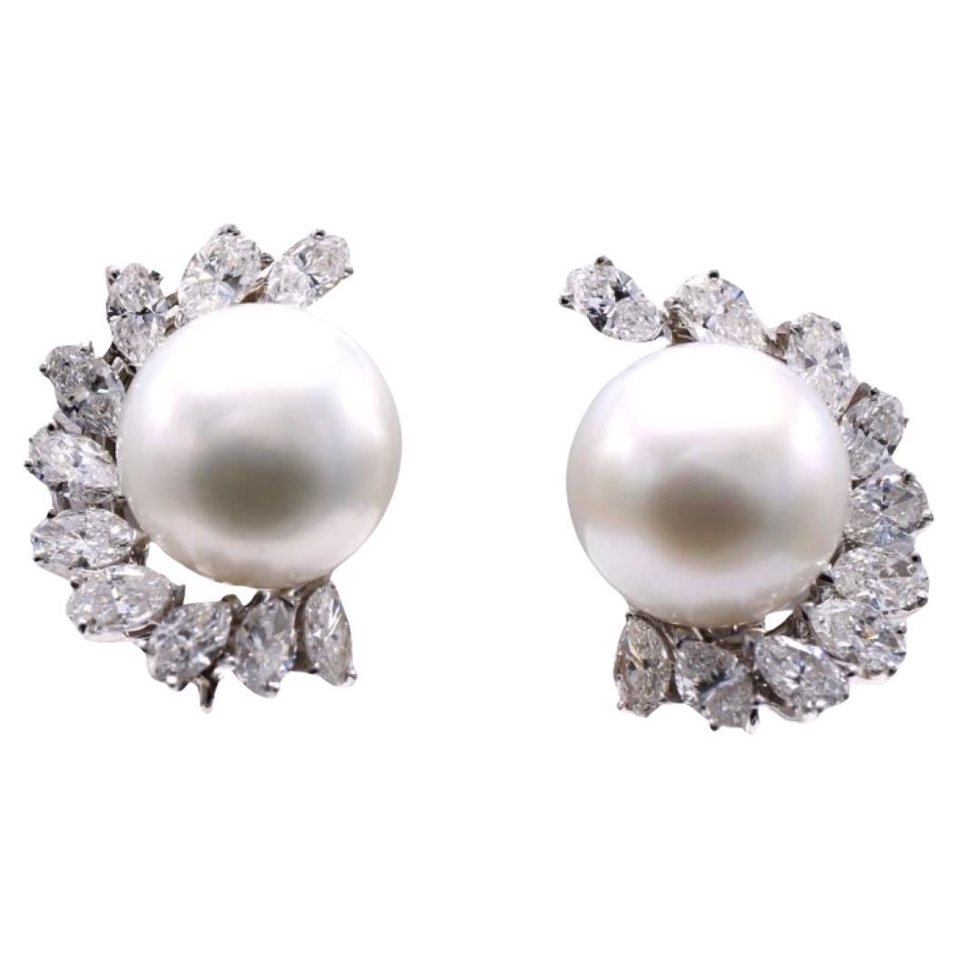Cartier 1980s Diamond South Sea Pearl Platinum Ear Clips