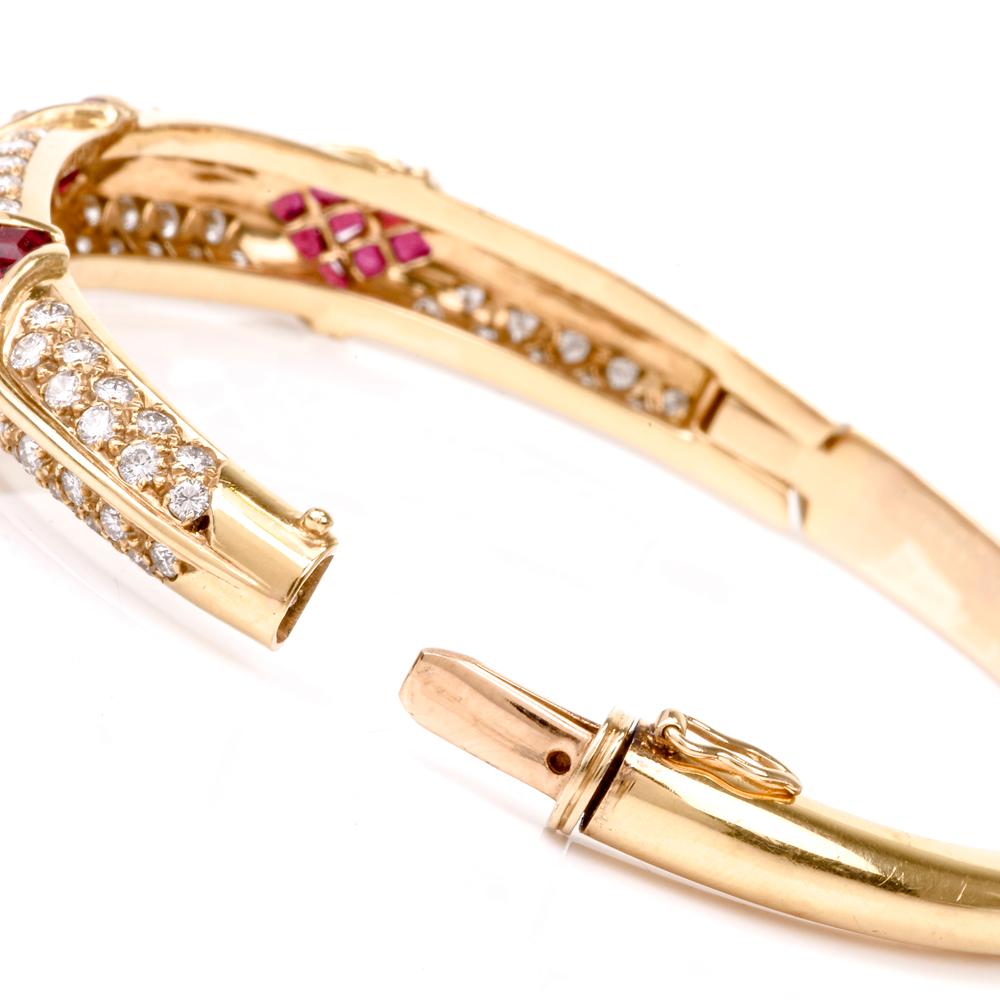 Women's Cartier 1980s Ruby Pave Diamond 18 Karat Yellow Gold Bangle Bracelet