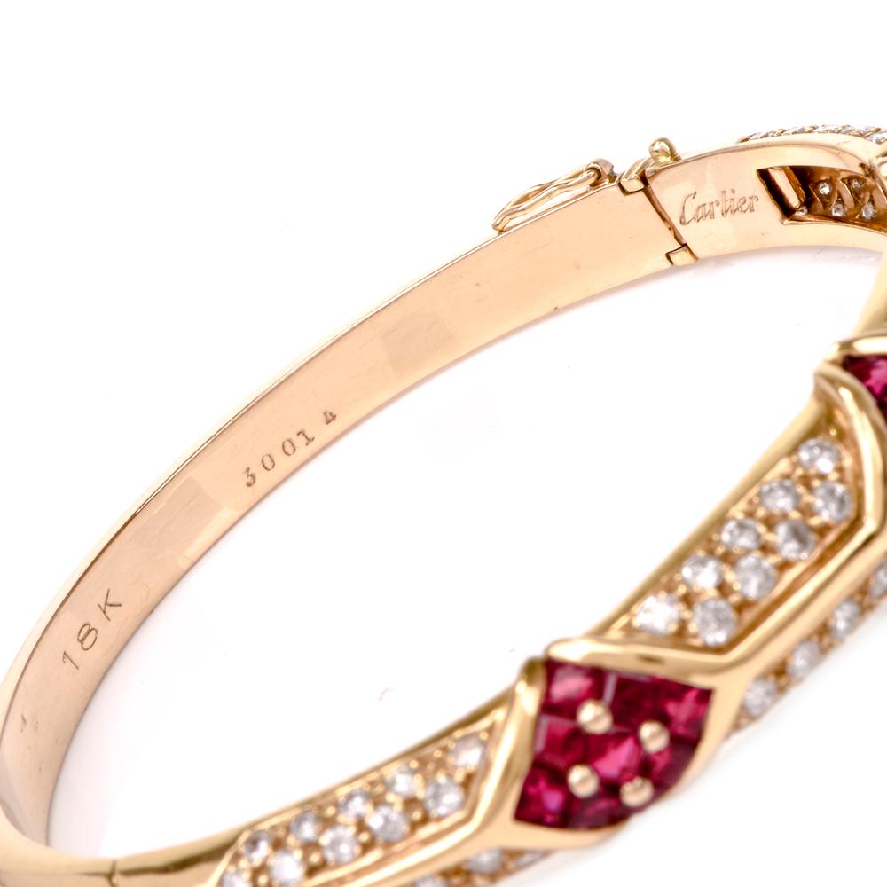 Cartier 1980s Ruby Pave Diamond 18 Karat Yellow Gold Bangle Bracelet 1