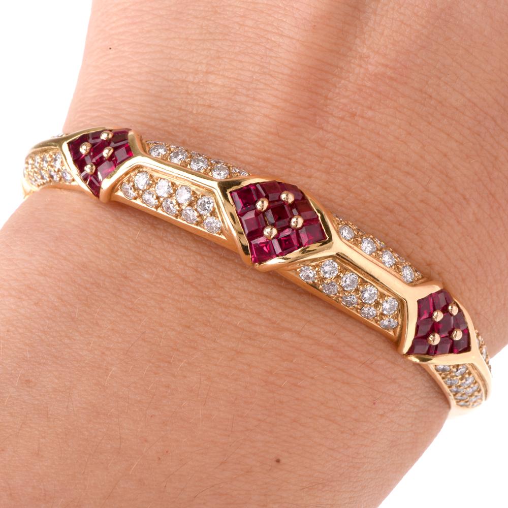 Cartier 1980s Ruby Pave Diamond 18 Karat Yellow Gold Bangle Bracelet 2