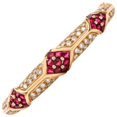 Retro Cartier 1980s Ruby Pave Diamond 18 Karat Yellow Gold Bangle Bracelet