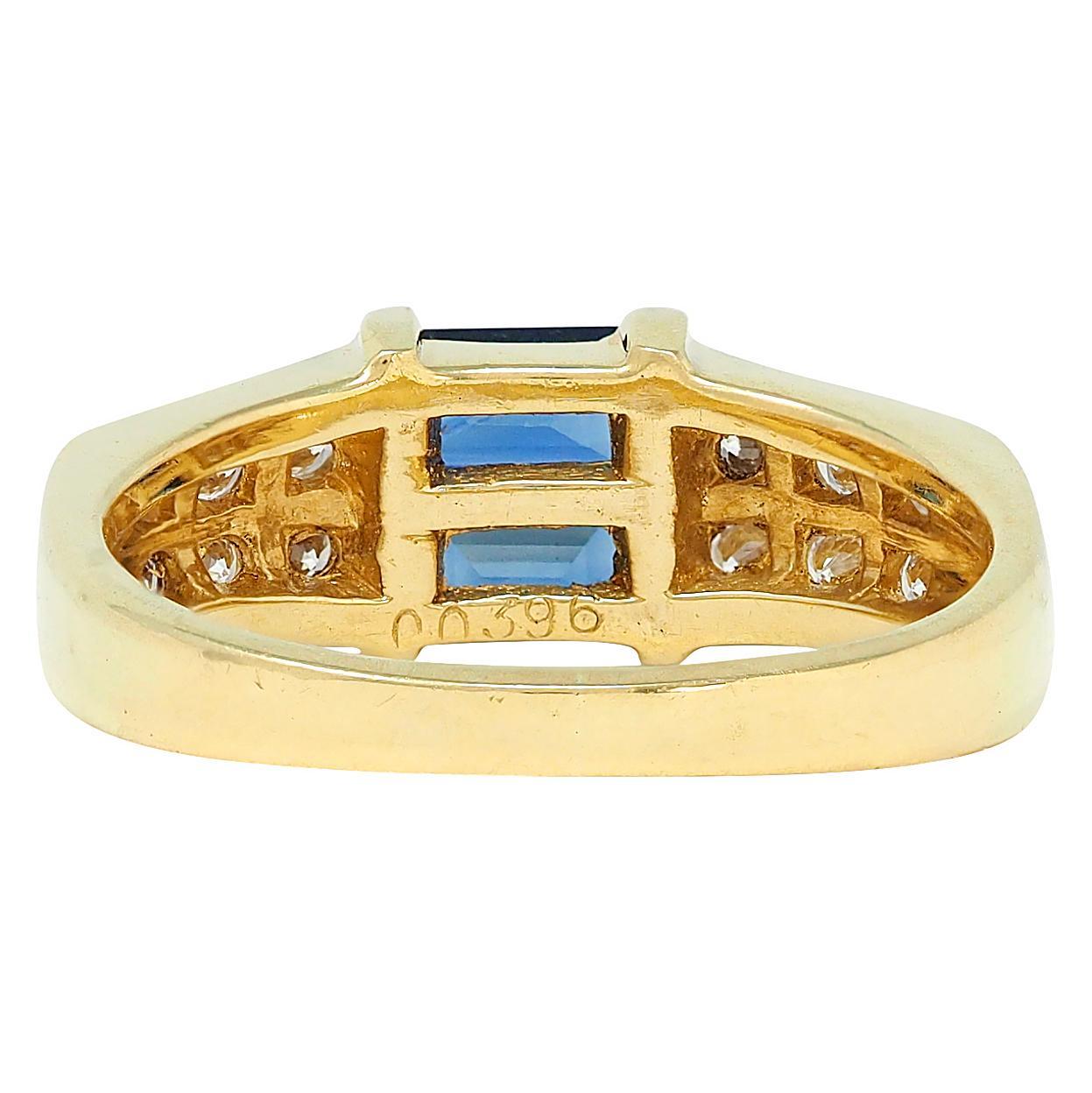 Baguette Cut Cartier 1982 Sapphire Diamond 18 Karat Yellow Gold Vintage Band Ring For Sale
