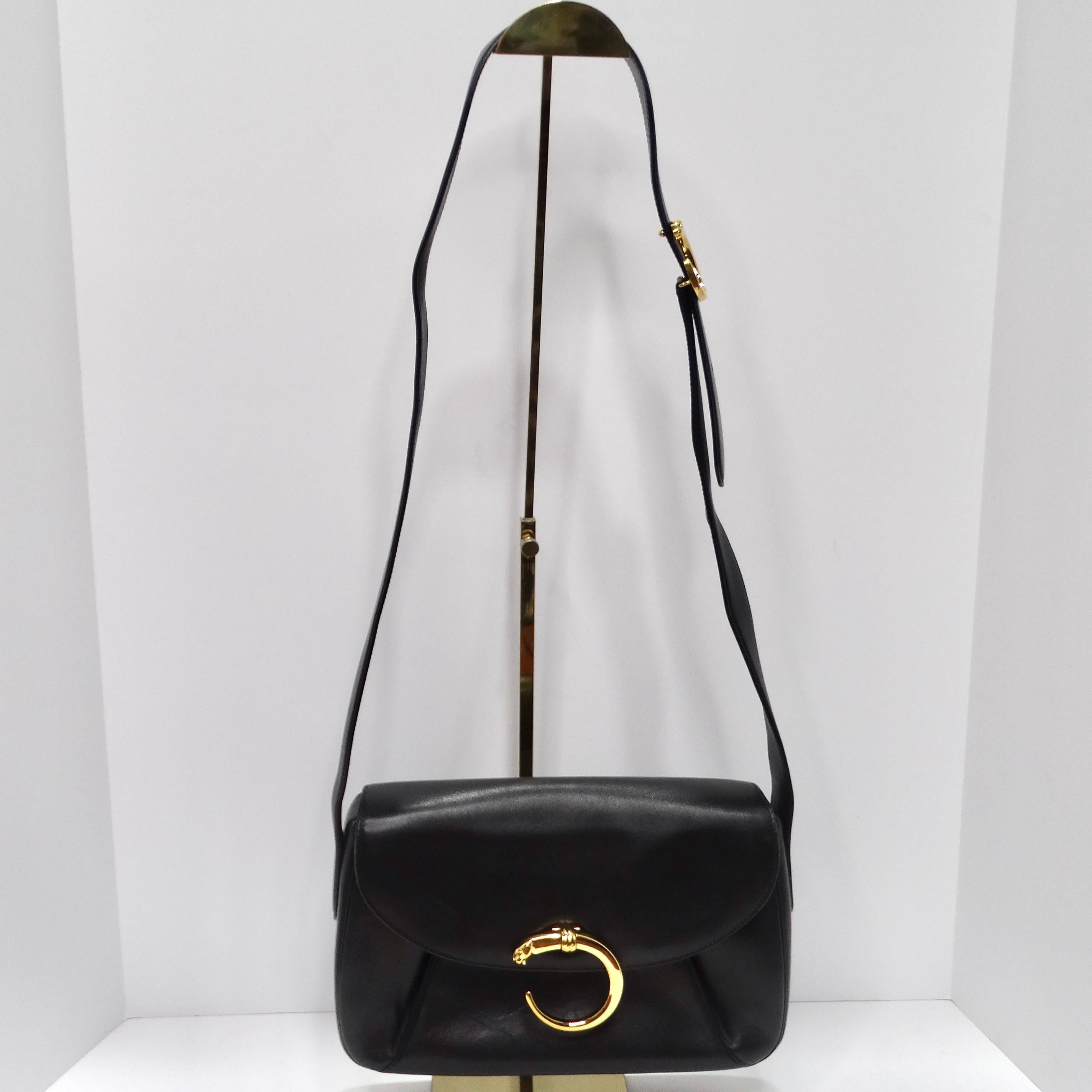 Elevate Your Style with the iconic Cartier 1990s Black Leather Panthere Shoulder Bag! Discover a piece of fashion history with our Cartier 1990s Panthere Shoulder Bag. This classic black leather fold-over crossbody bag exudes timeless elegance and