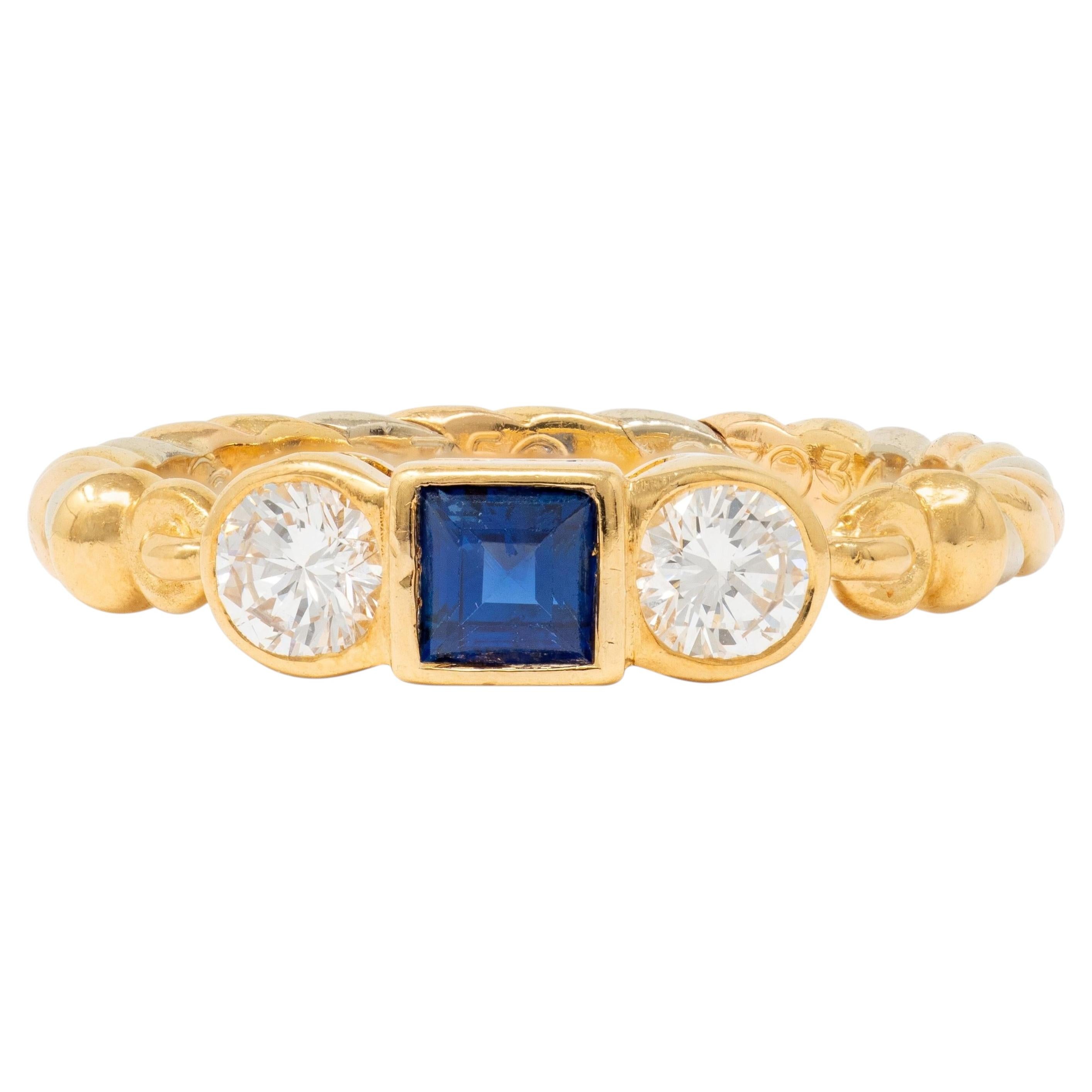 Cartier 1990's Sapphire Diamond 18 Karat Two-Tone Gold Vintage Three Stone Ring For Sale