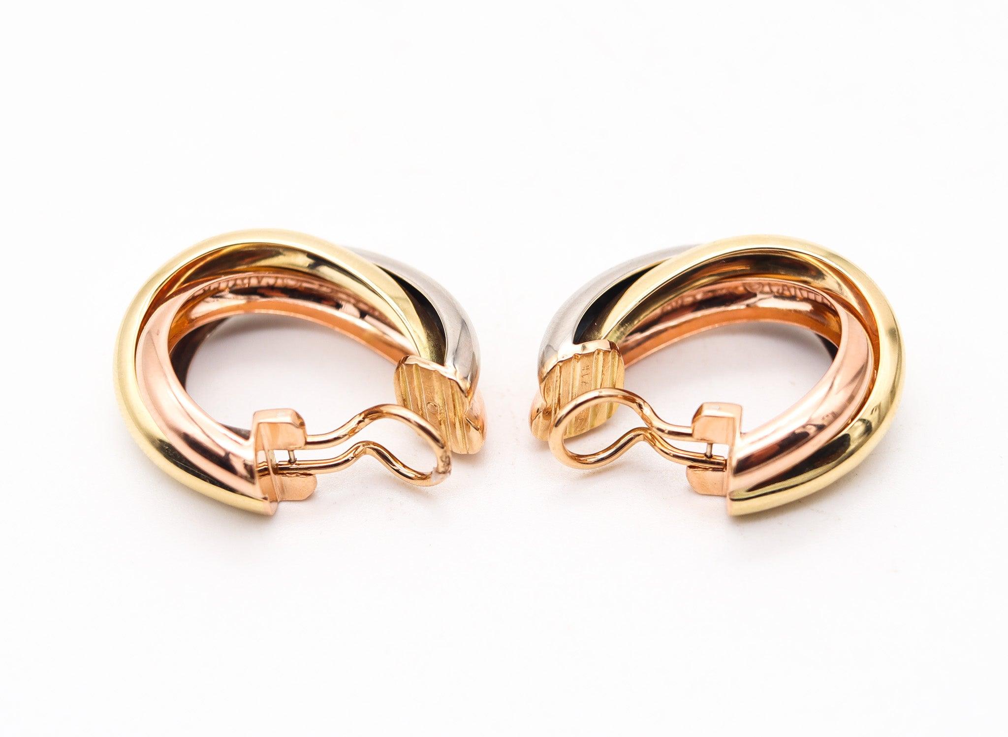 Moderniste CARTIER 1992 Paris - Boucles d'oreilles trinité trois couleurs en or massif 18Kt en vente
