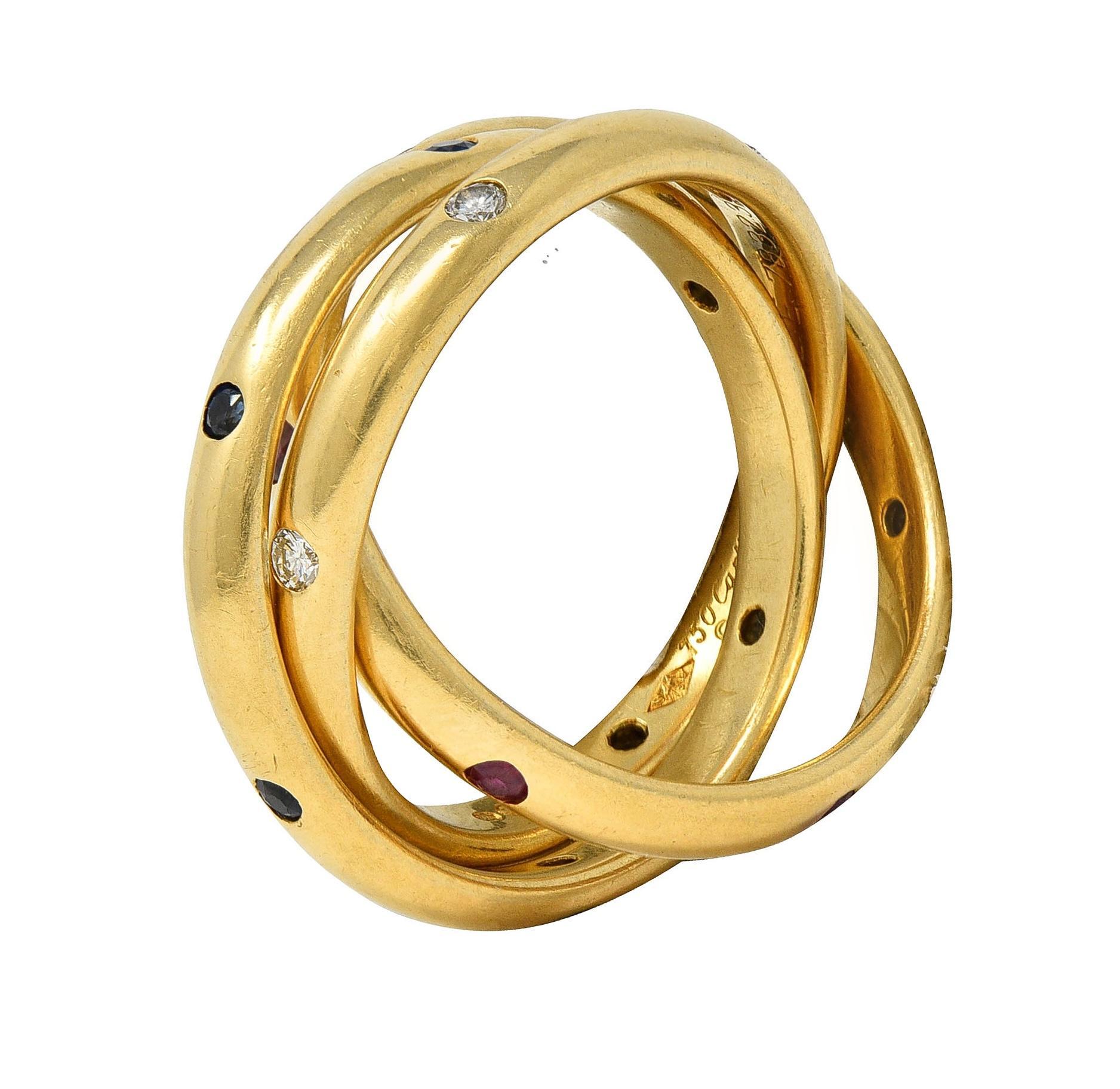 Round Cut Cartier 1995 French Diamond Sapphire Ruby 18K Gold Vintage Rolling Band Ring
