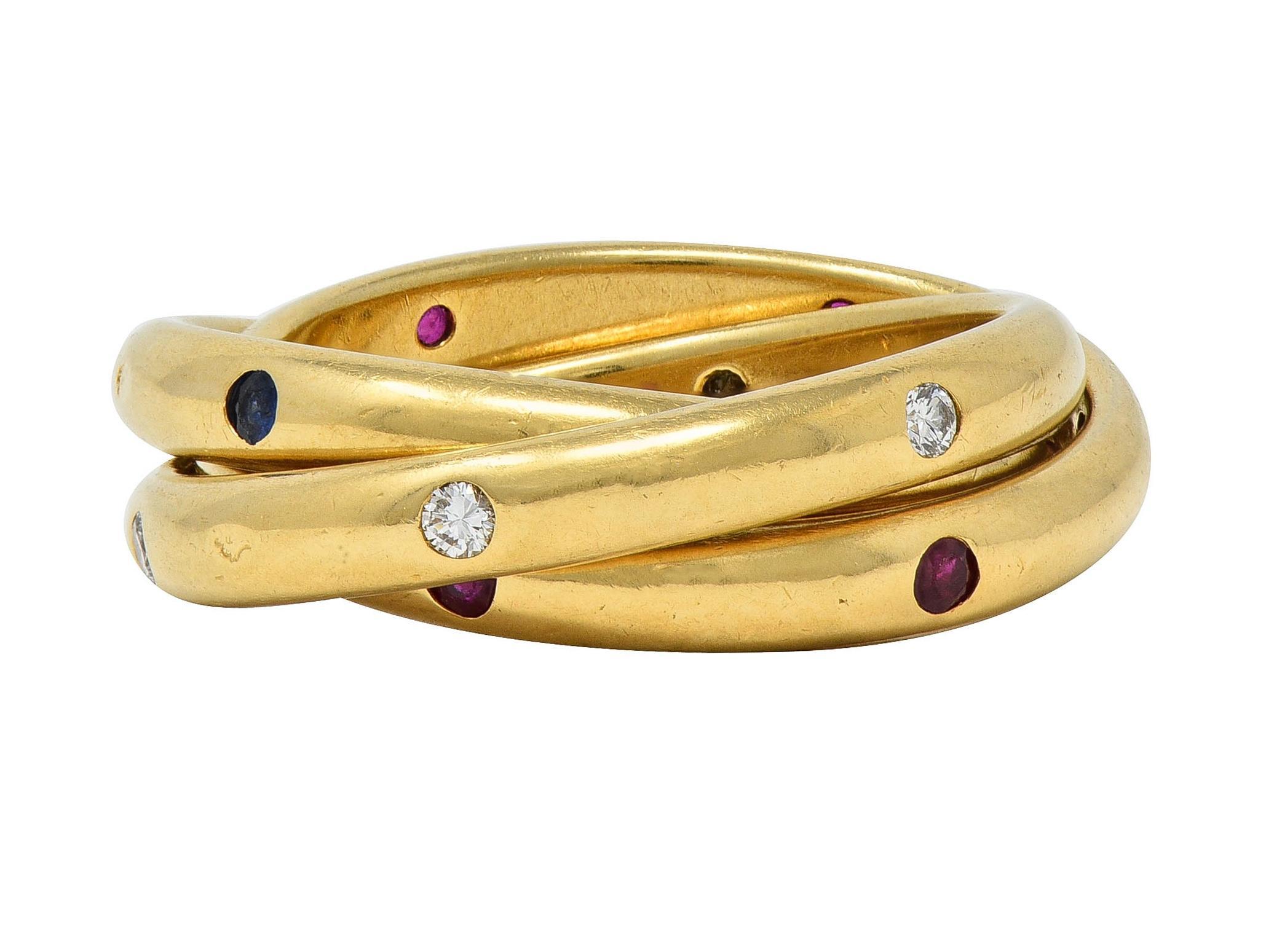 Cartier 1995 French Diamond Sapphire Ruby 18K Gold Vintage Rolling Band Ring 3
