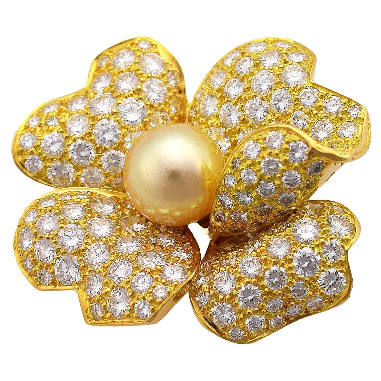 Cartier 1P Pearl Diamond 18 Karat Yellow Gold Paiva Clip Brooch  For Sale