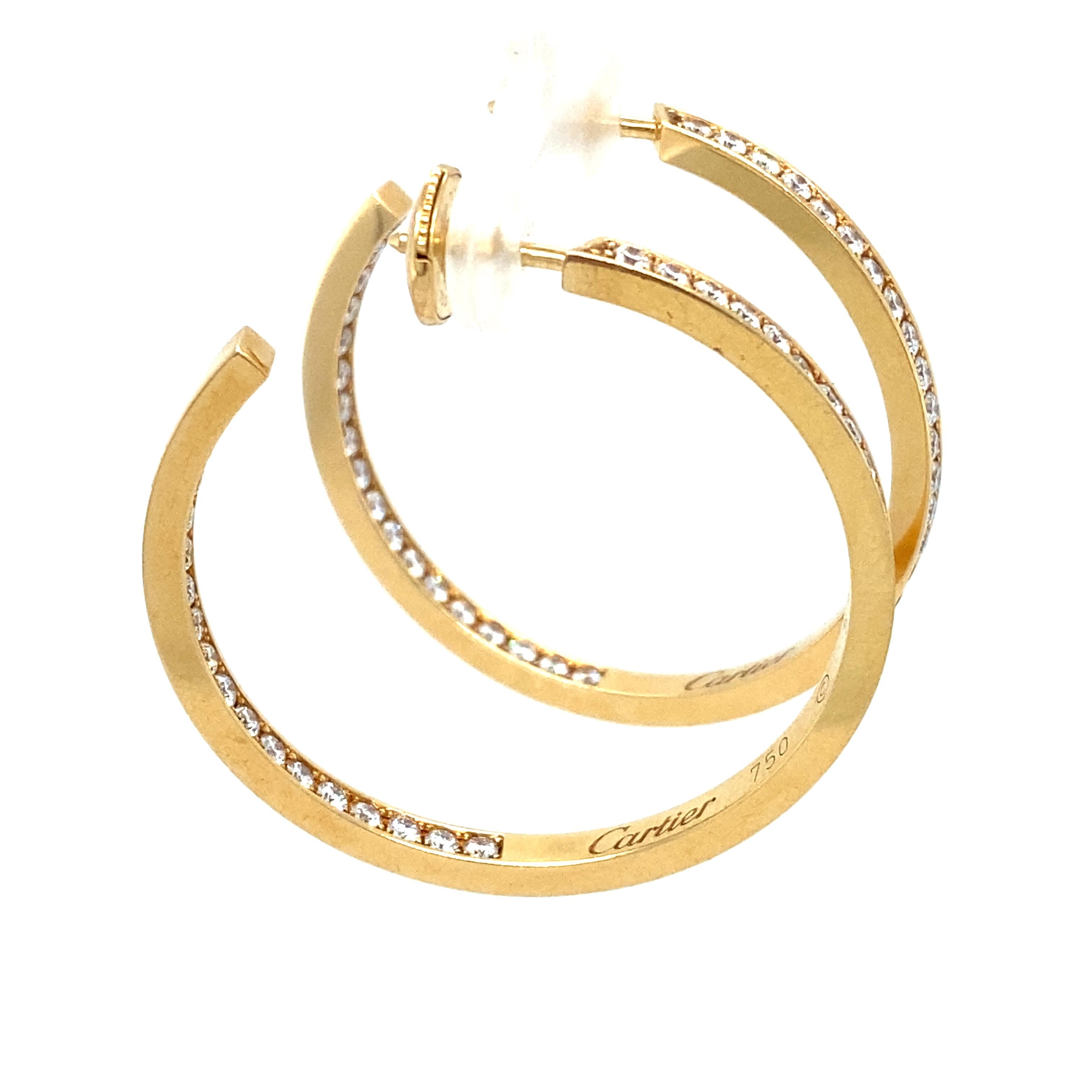 Round Cut Cartier 2 Carat Total Weight Inside Out Diamond Hoop Earrings in 18 Karat Gold For Sale
