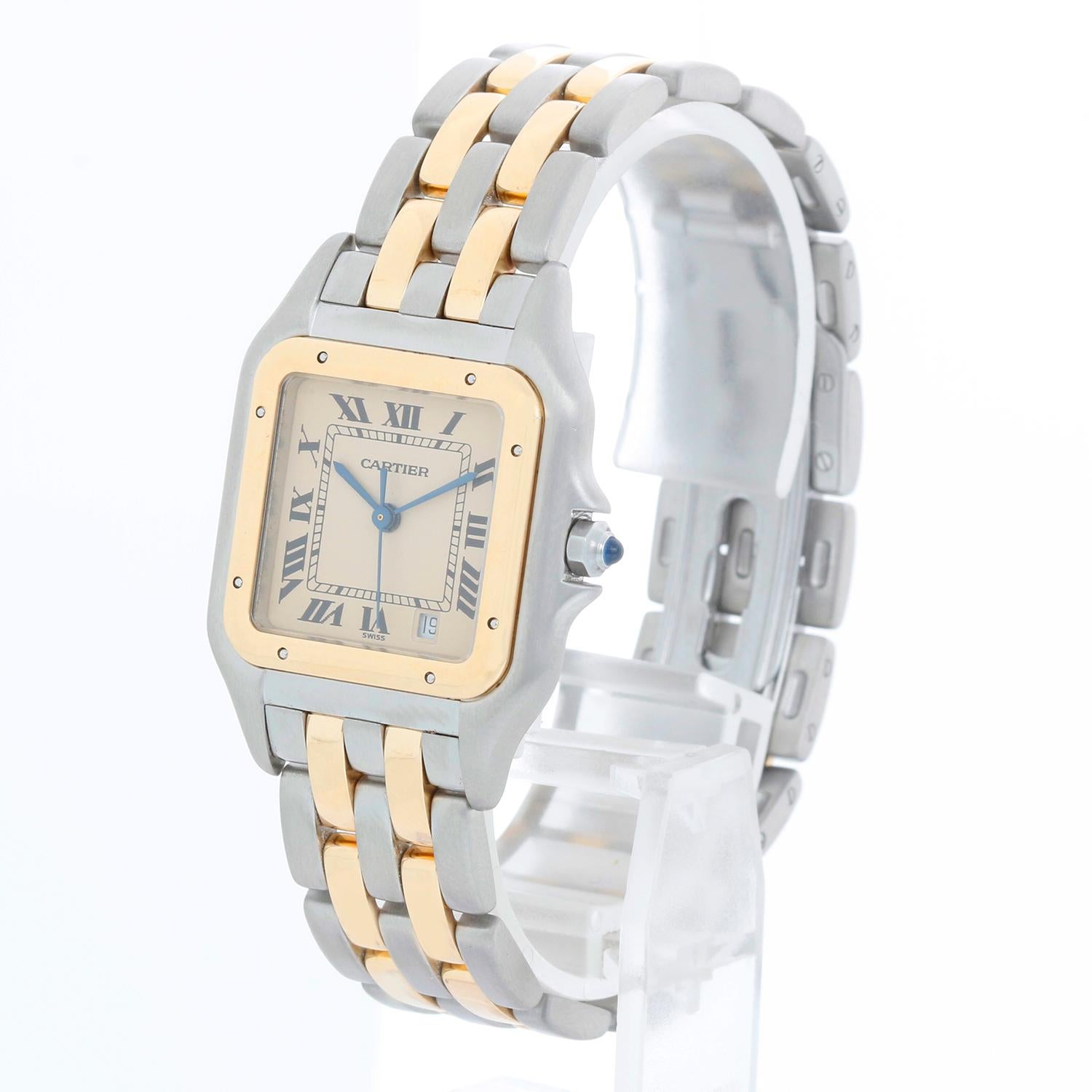 Cartier 2-Row Panther 2-Tone Steel & Gold Watch W25028B8 - Quartz. Stainless steel case with 18k yellow gold bezel (27mm x 37mm). Ivory colored dial with black Roman numerals and date at 5 o'clock. Stainless steel and 18k yellow 2-row Cartier