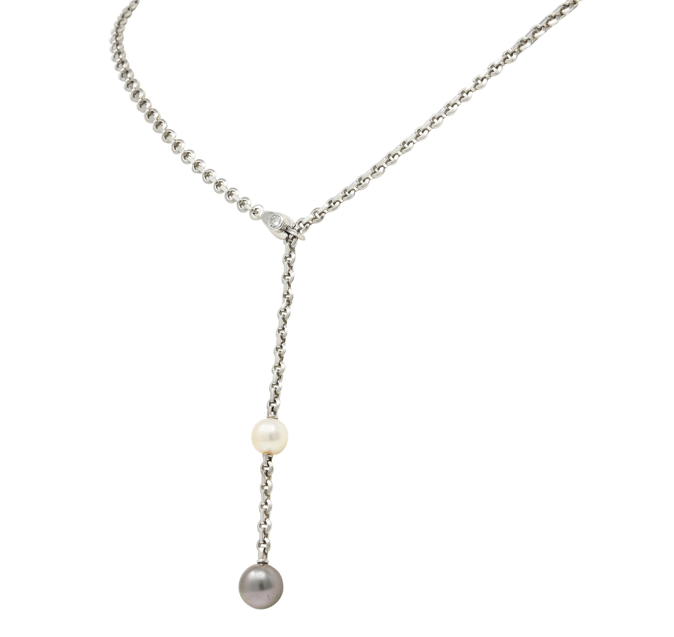 Contemporary Cartier 2001 Diamond Cultured Pearl 18 Karat White Gold Lariat Drop Necklace