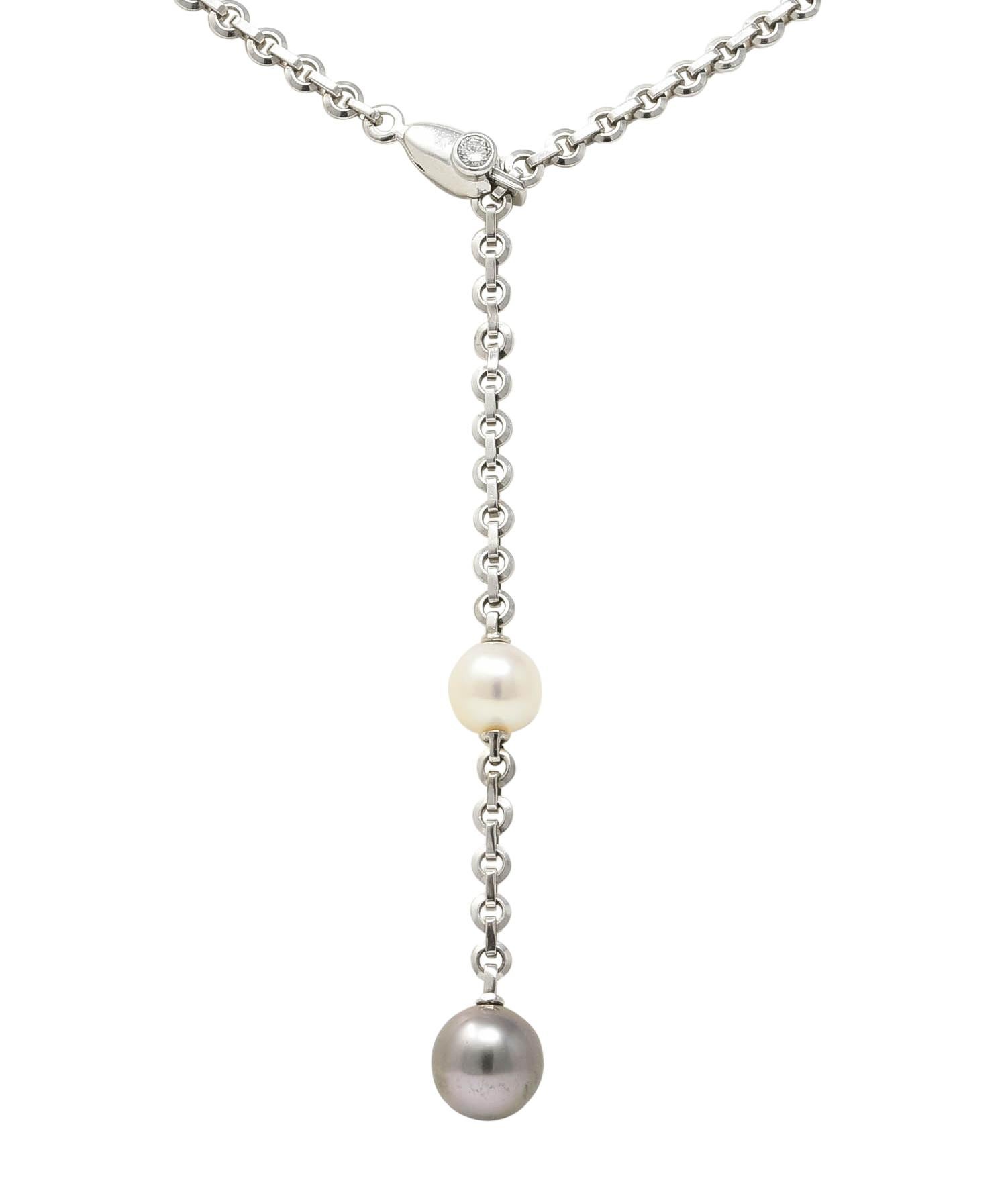 Cartier 2001 Diamond Cultured Pearl 18 Karat White Gold Lariat Drop Necklace In Excellent Condition In Philadelphia, PA