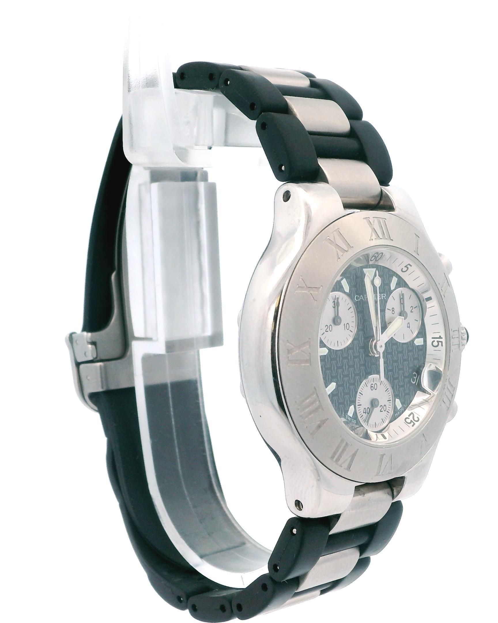Cartier Chronoscaph 21. Reference 2424. Stainless Steel 38mm case. Stainless Steel bezel with Roman numerals. Black dial with date aperture at 4 o'clock, luminous hands and markers. Sapphire crystal glass. Rubber and steel strap will fit up to 7.25-