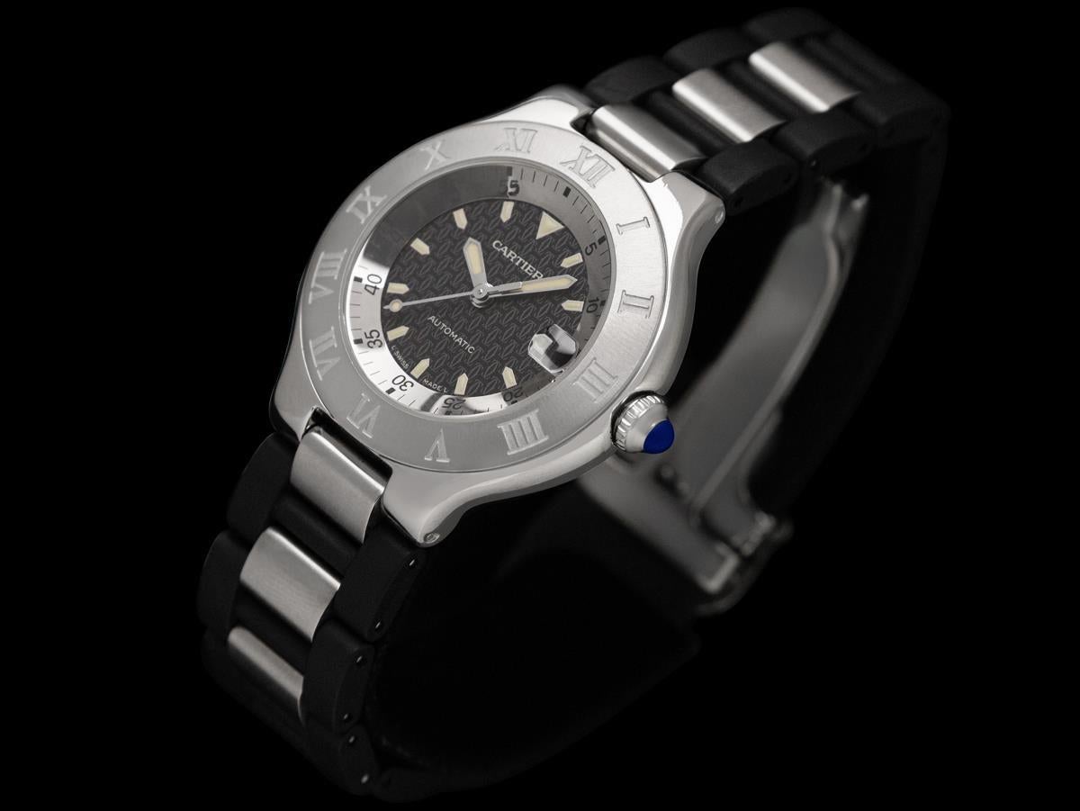 Cartier 21C Mens Autoscaph Automatic Watch, Ref. 2427 - Stainless Steel In Excellent Condition For Sale In Suwanee, GA