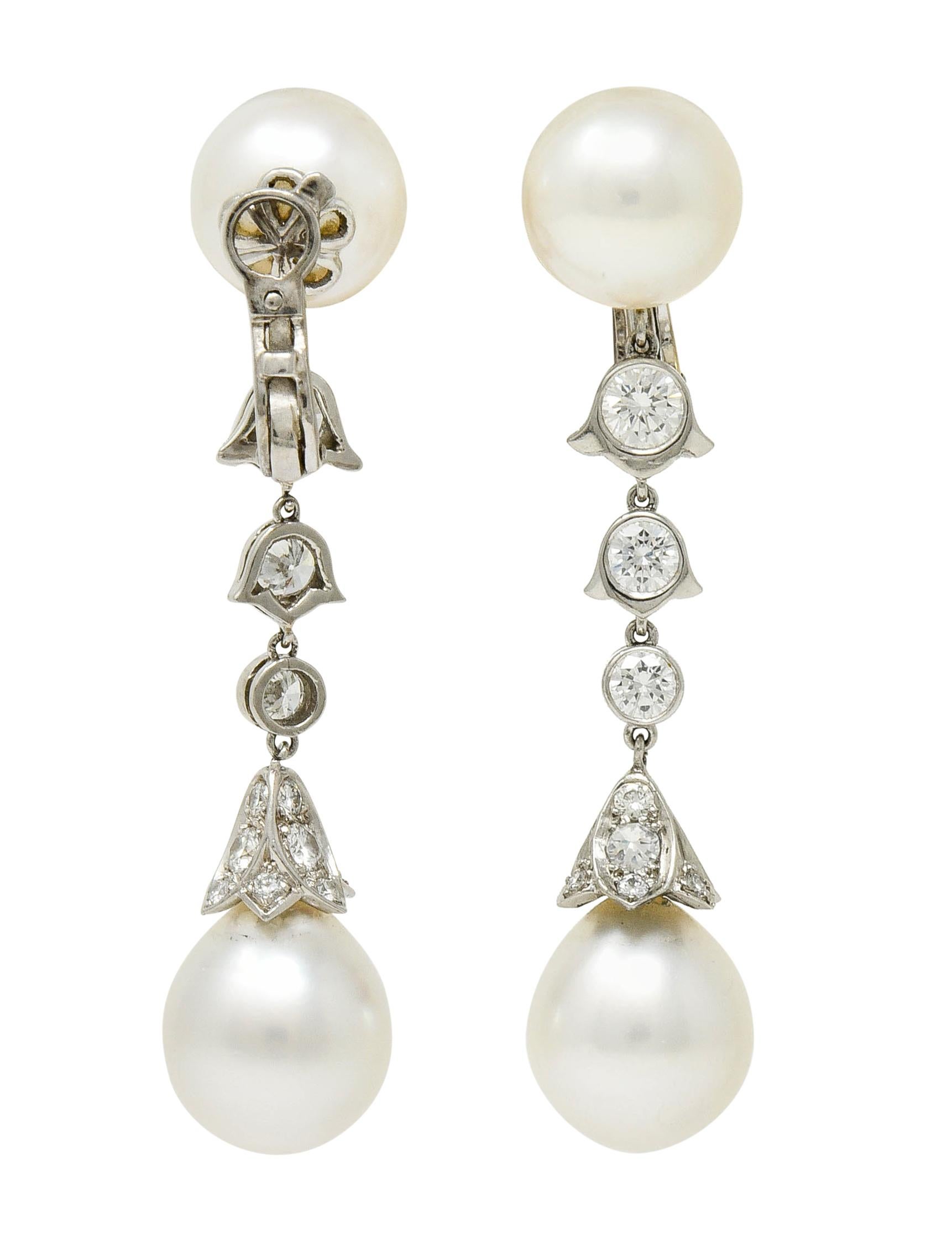 Cartier 2.25 Carat Diamond South Sea Pearl Platinum Articulated Drop Earrings In Excellent Condition In Philadelphia, PA