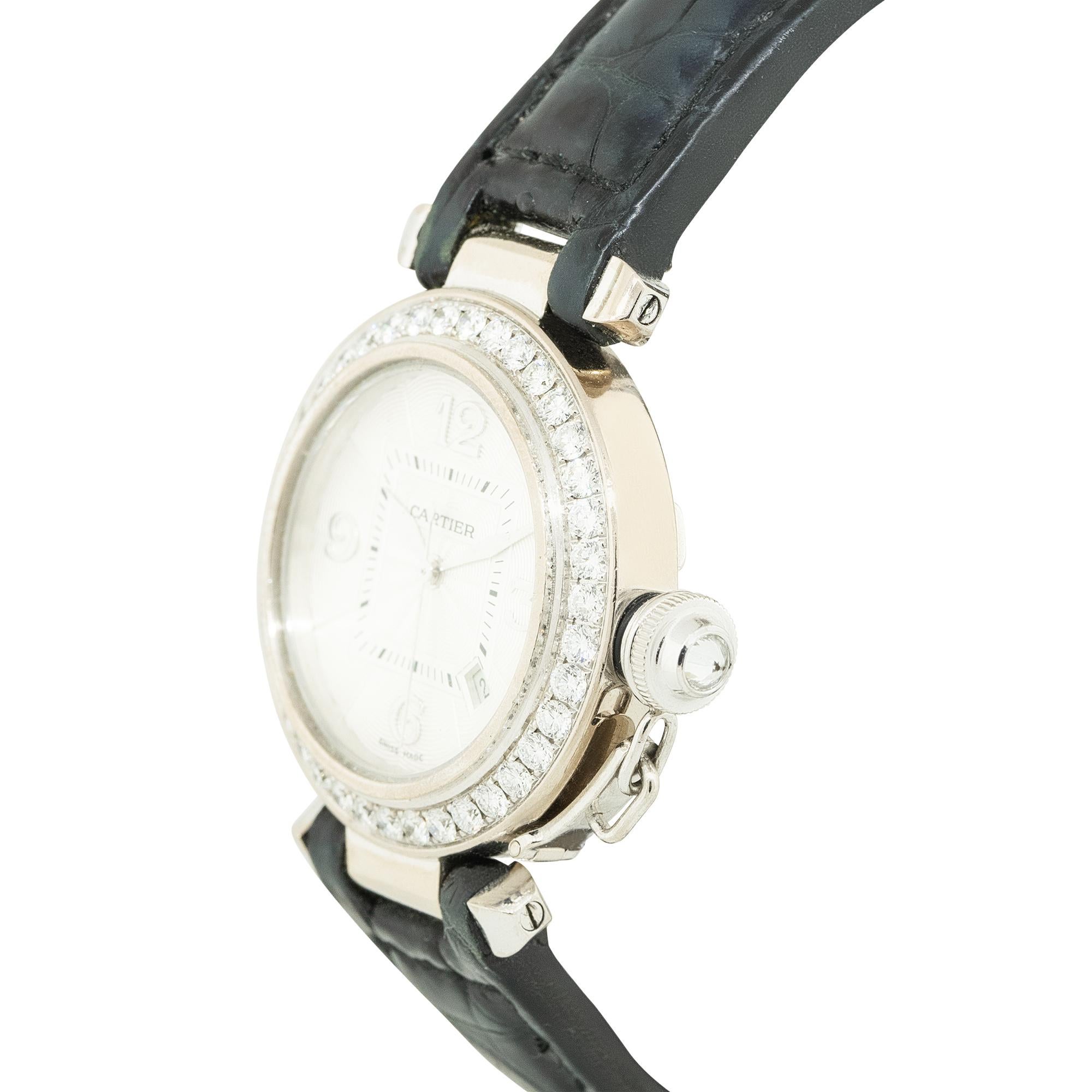 Cartier 2398 Pasha White Gold Watch 18 Karat on Black Leather in Stock In Excellent Condition In Boca Raton, FL