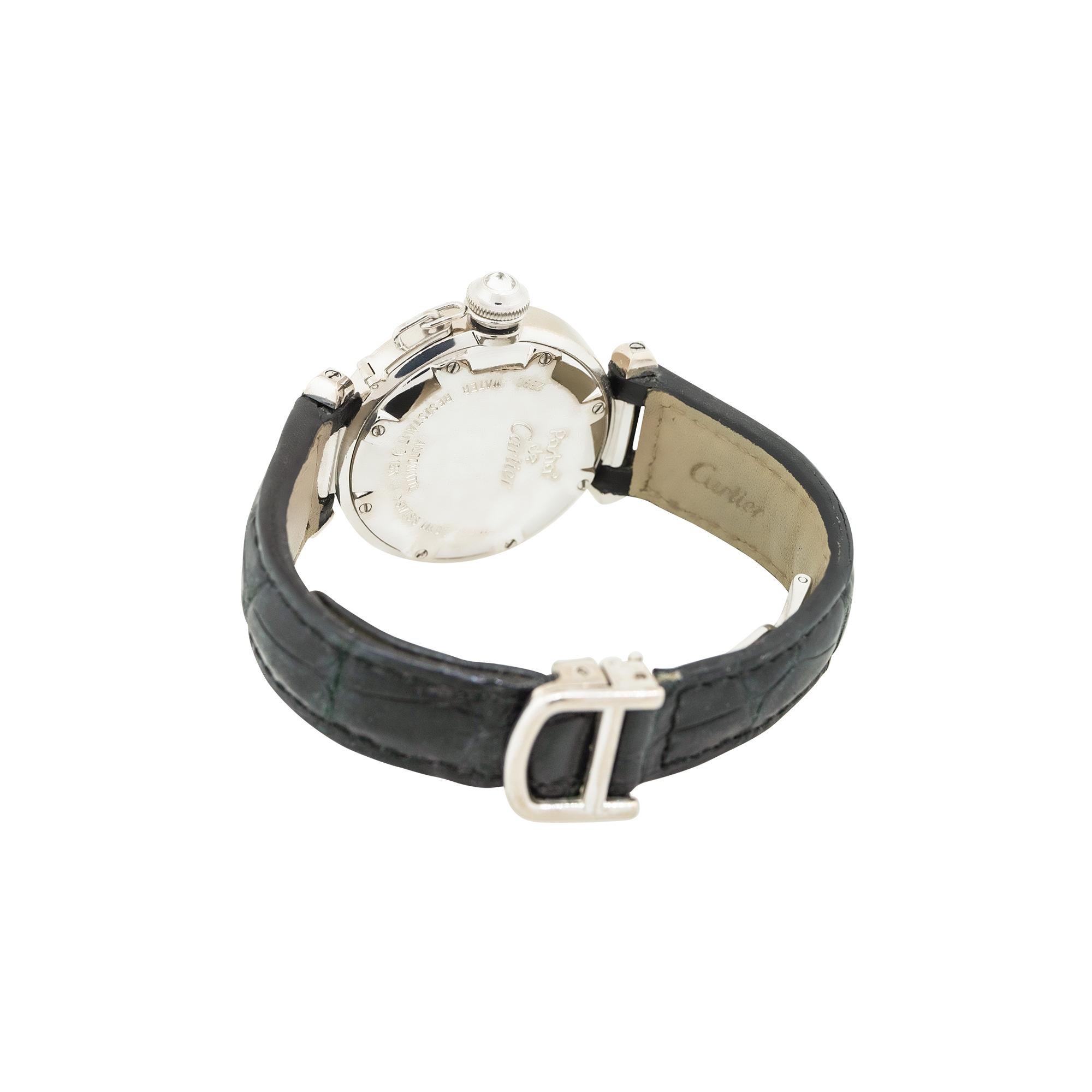 Women's or Men's Cartier 2398 Pasha White Gold Watch 18 Karat on Black Leather in Stock