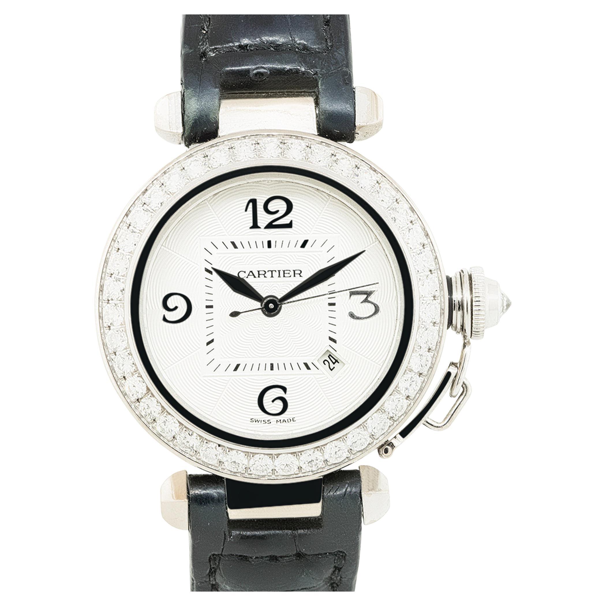 Cartier 2398 Pasha White Gold Watch 18 Karat on Black Leather in Stock