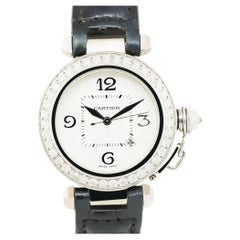 Cartier 2398 Pasha White Gold Watch 18 Karat on Black Leather in Stock