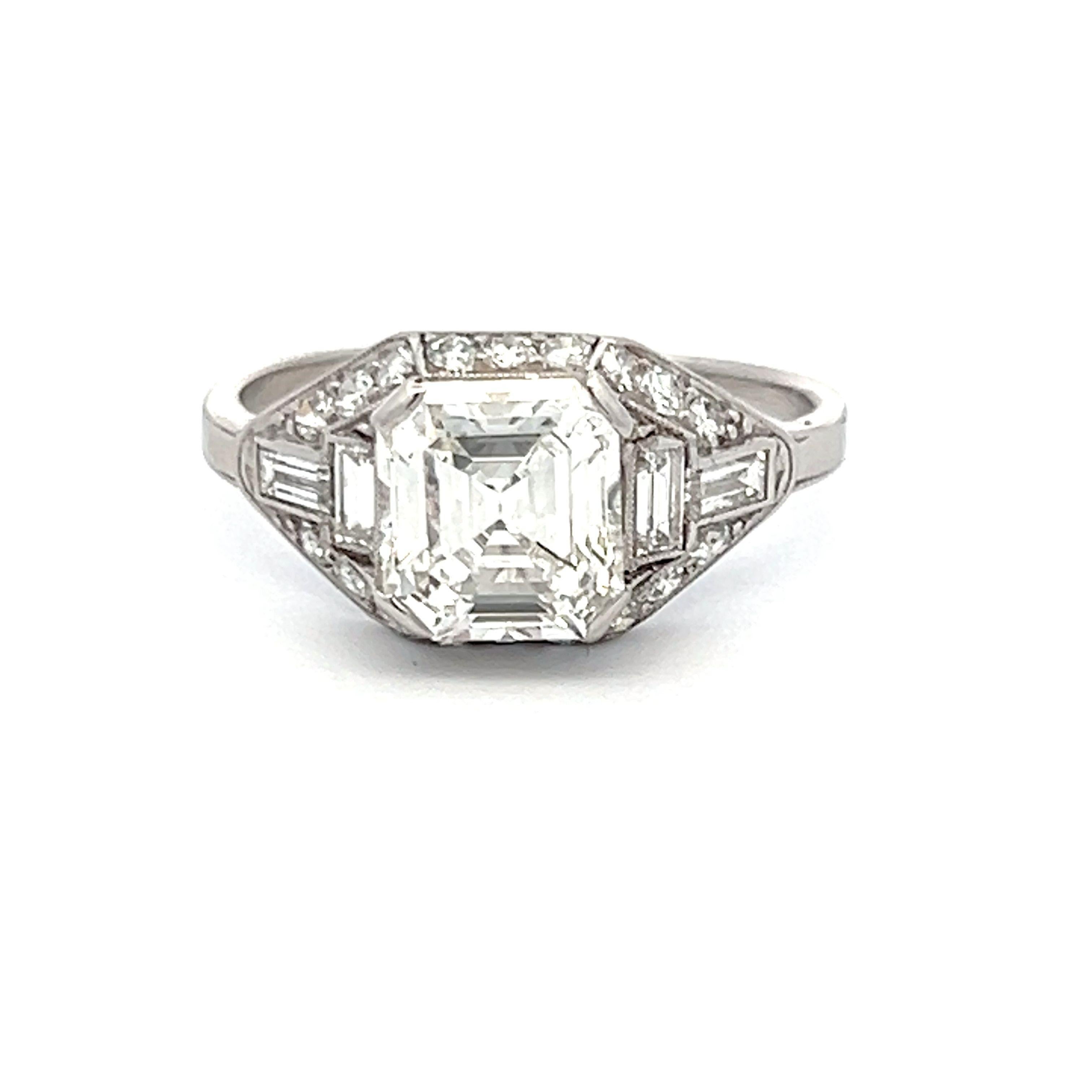Designer:
CARTIER


Title:
Cartier 2.49 Carat Asscher Cut G SI2 and Baguette Shape F VS2 and Round Brilliant G VS1 Diamond Platinum Art Deco Ring


Style:
Art Deco


Metal:
Platinum


Gemstone 1:
0.2 Carat Diamond


Number of