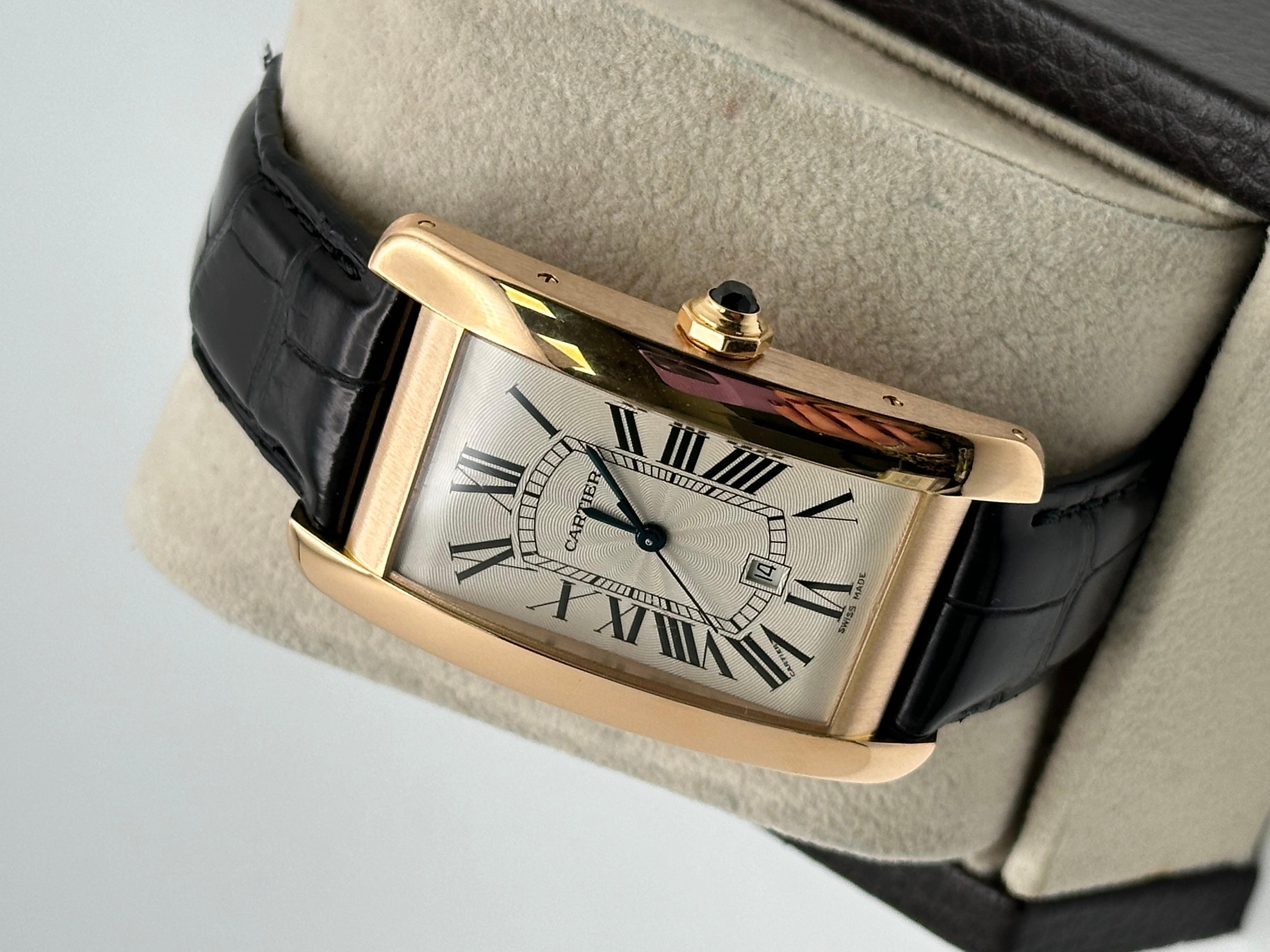 Style Number: 2505

 

Model: Tank Americaine Large

 

Case Material: 18K Rose Gold 

 

Band: Leather

 

Bezel:  18K Rose Gold

 

Dial: Ivory / White

 

Face: Sapphire Crystal 

 

Case Size: 27mm x 45mm 

 

Includes: 

-Elegant Watch