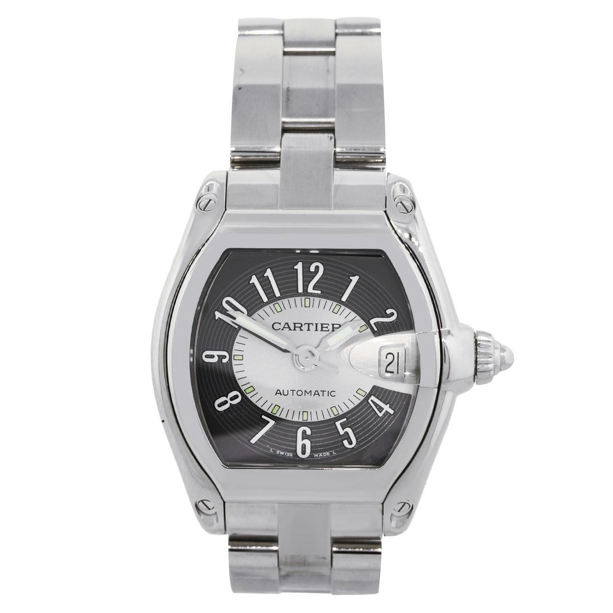 Brand: Cartier
MPN: 2510
Model: Roadster
Case Material: Stainless steel
Case Diameter: 36mm
Crystal: Sapphire crystal
Bezel: Stainless Steel smooth bezel
Dial: Dark silver with silver hour markers and hands. Date is displayed at 3 o’