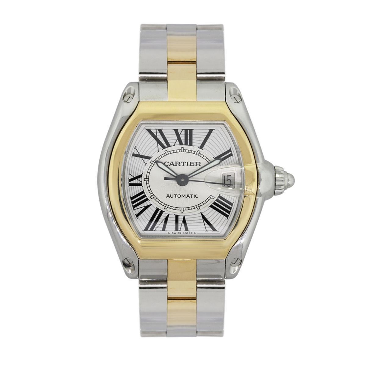 Brand: Cartier
MPN: 2510
Model: Roadster
Case Material: Stainless Steel
Case Diameter: 36mm x 44mm
Crystal: Sapphire crystal
Bezel: 18k yellow gold bezel
Dial: Silver roman dial
Bracelet: Stainless steel and 18k yellow gold
Size: Will fit a 6.5″