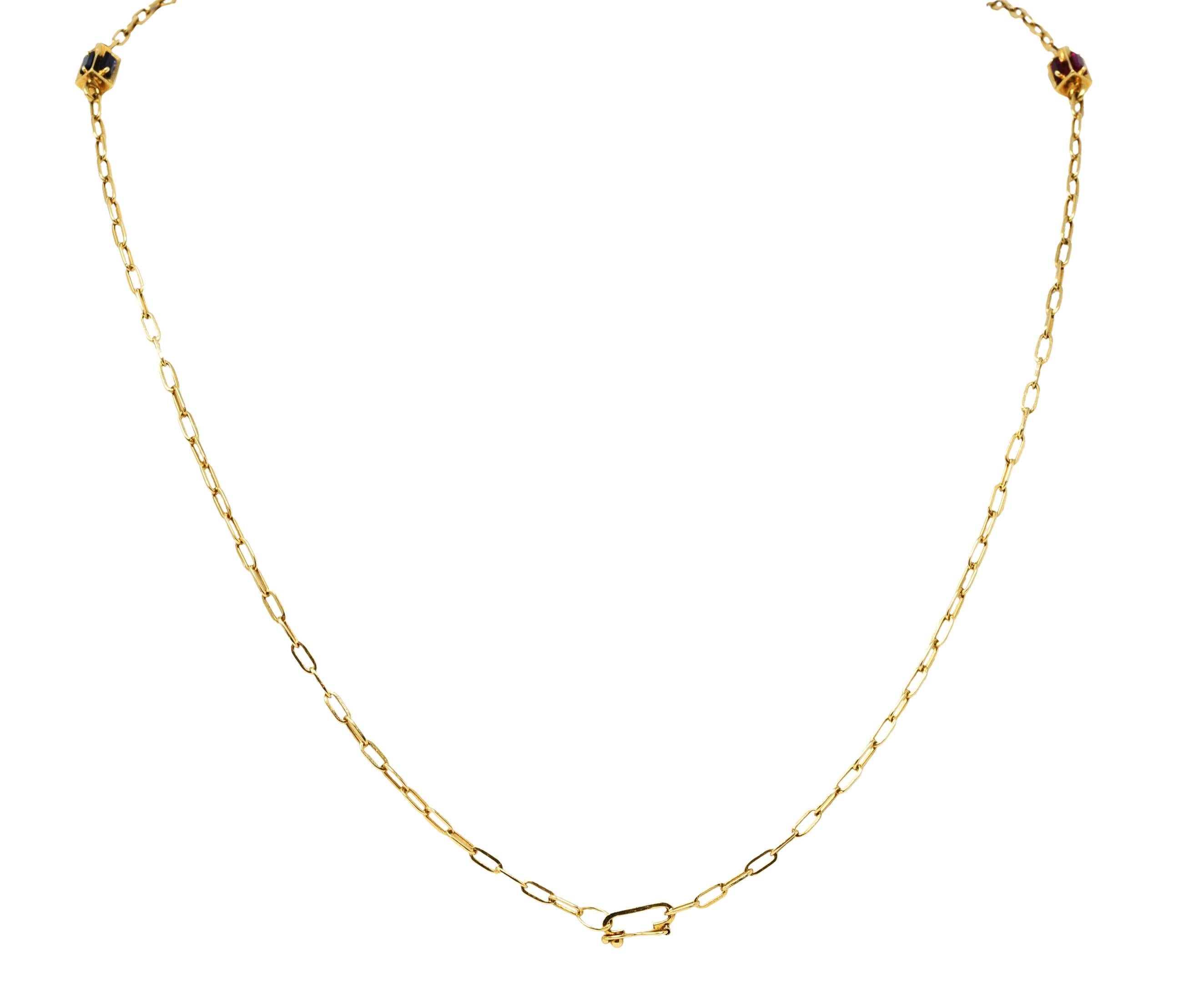 Square Cut Cartier 2.65 Carats Diamond Ruby Sapphire 18 Karat Gold Long Chain Necklace
