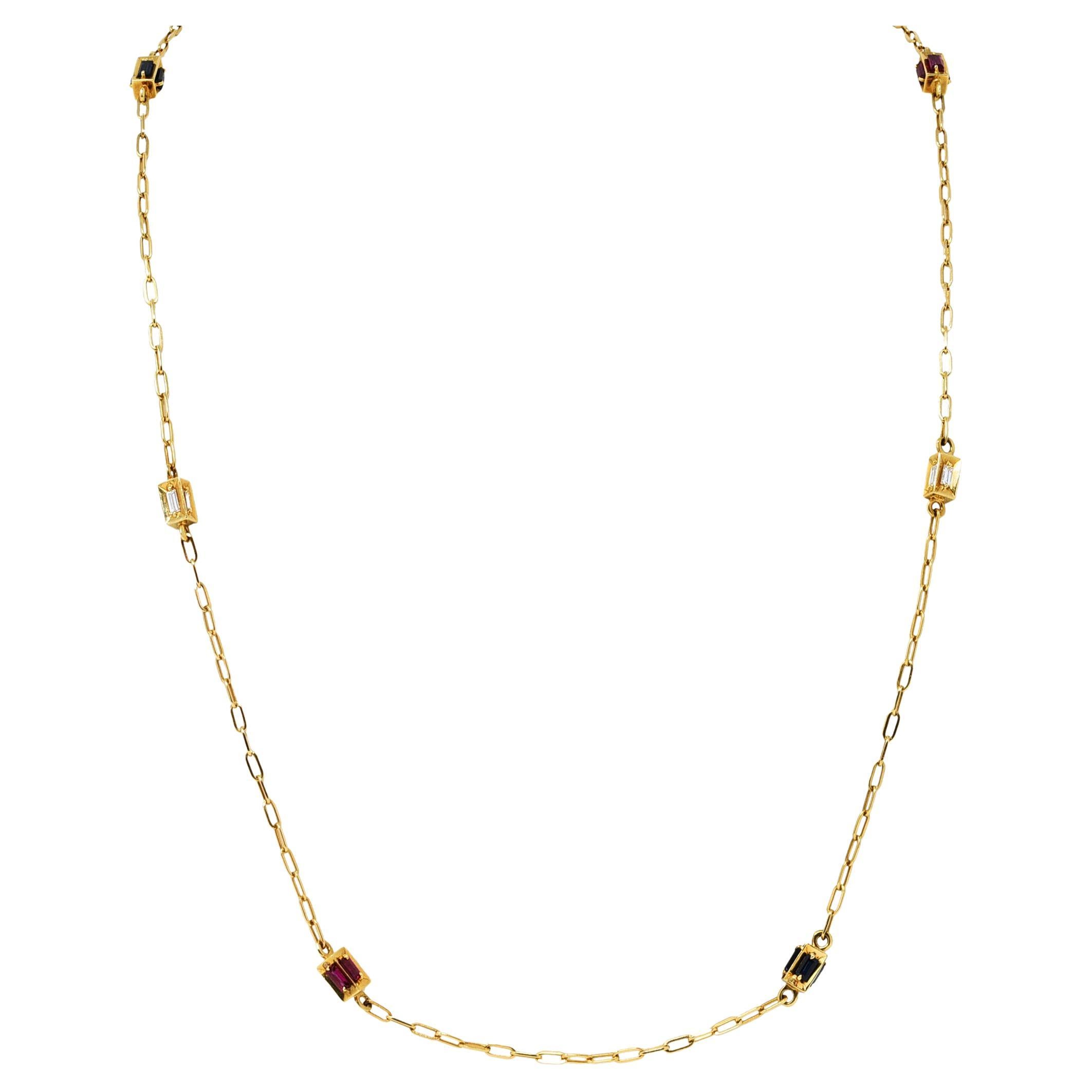Cartier 2.65 Carats Diamond Ruby Sapphire 18 Karat Gold Long Chain Necklace