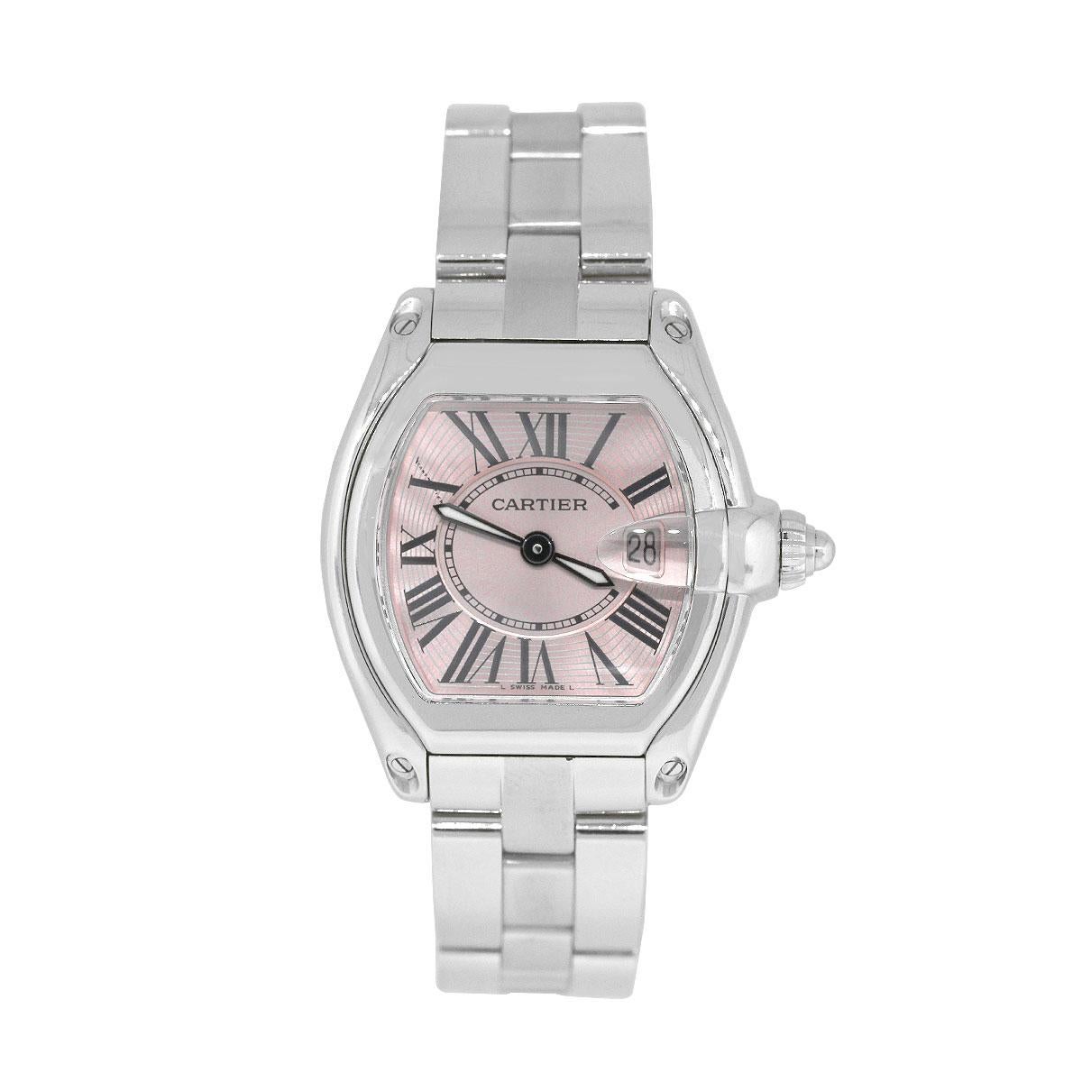 Brand: Cartier
Model: 2675 Roadster
Case Material: Stainless Steel
Case Diameter: 36 x 30mm
Crystal: Sapphire Crystal
Bezel: Stainless Steel Polished Bezel
Dial: Pink Dial with black roman numerals. Date is displayed at 3 o’ Clock
Bracelet: