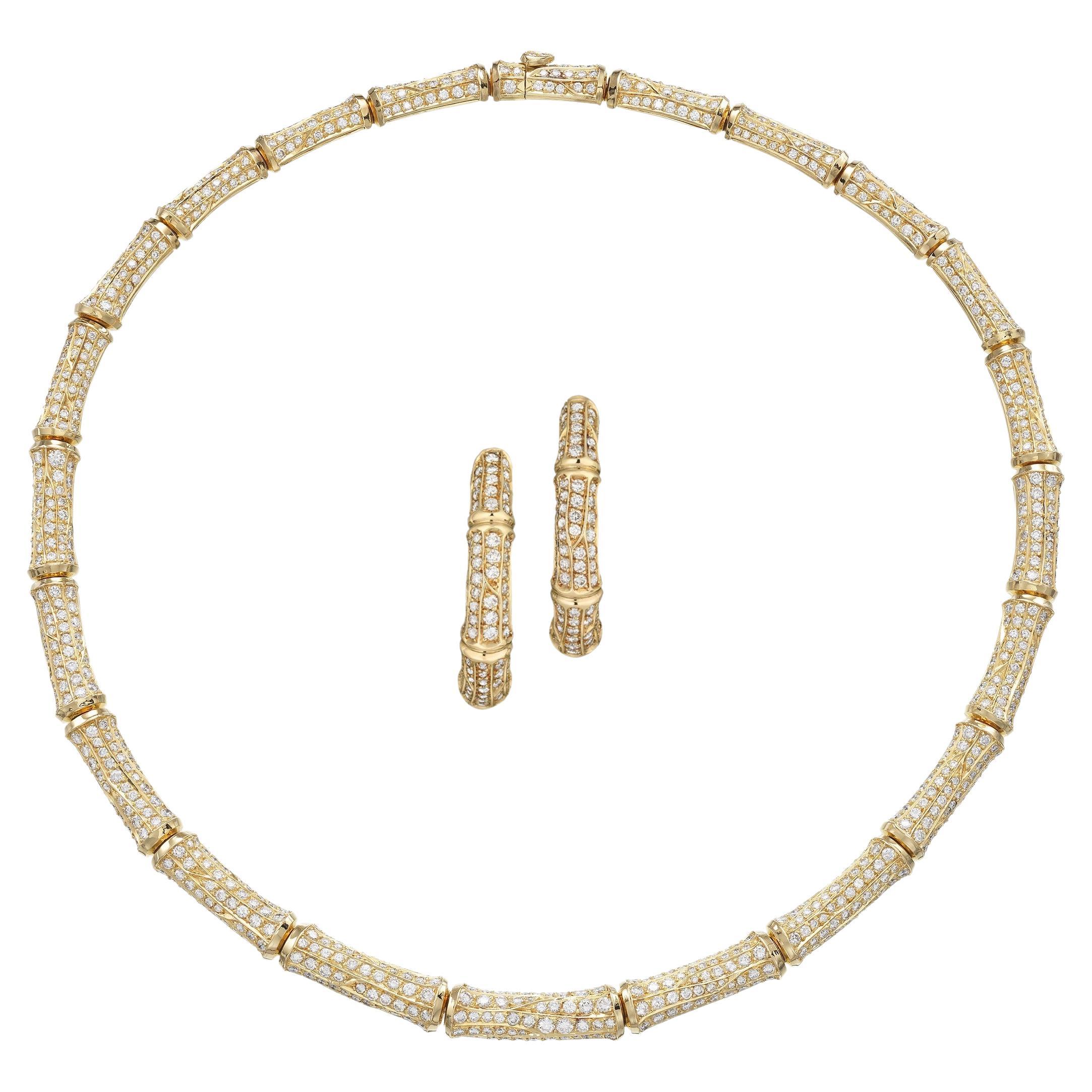 Cartier Bamboo 26cts Diamond Suite in 18K Gold Necklace and Earrings For Sale
