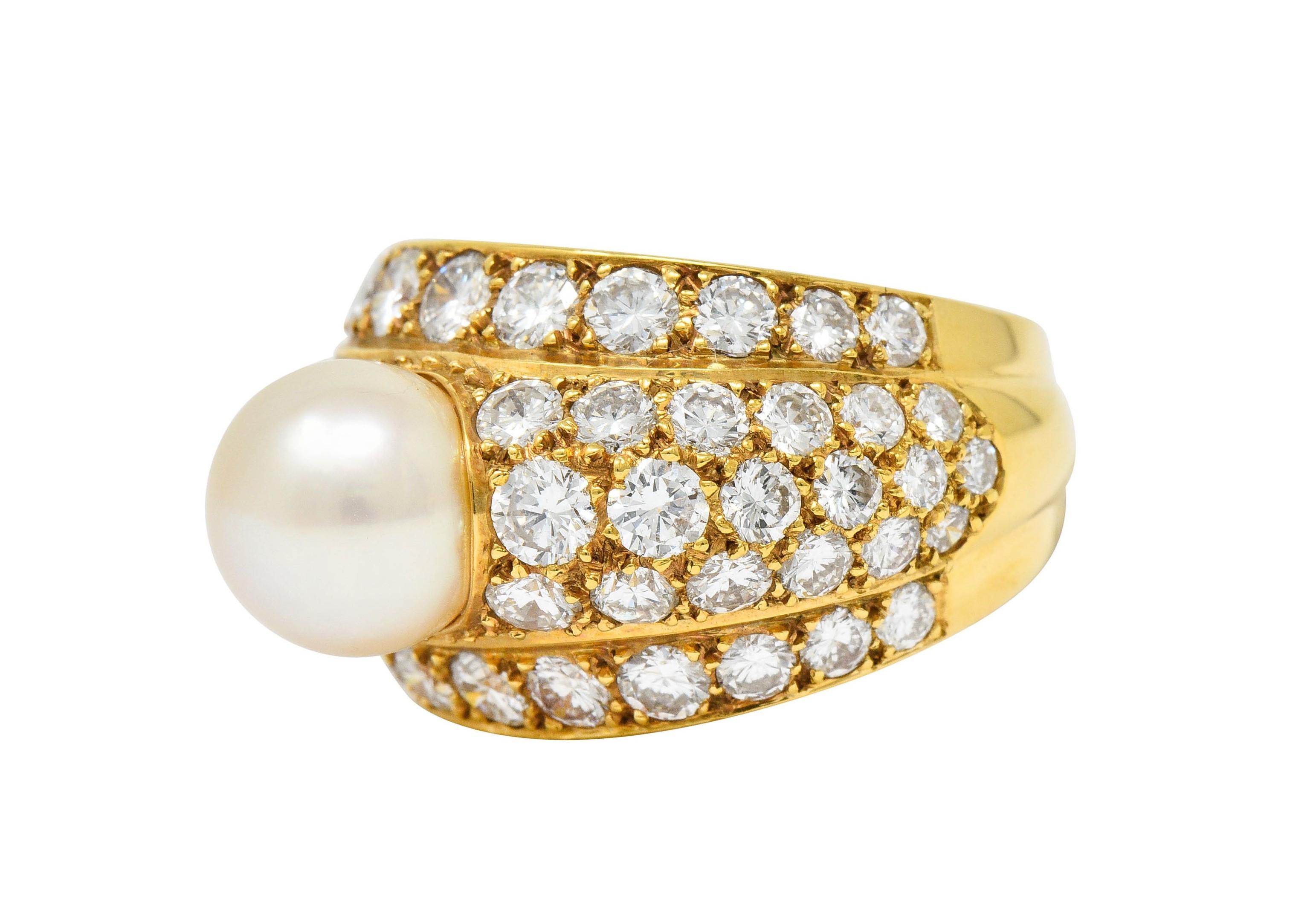 Cartier 2.80 Carat Pave Diamond Cultured Pearl French 18 Karat Gold Band Ring In Excellent Condition In Philadelphia, PA