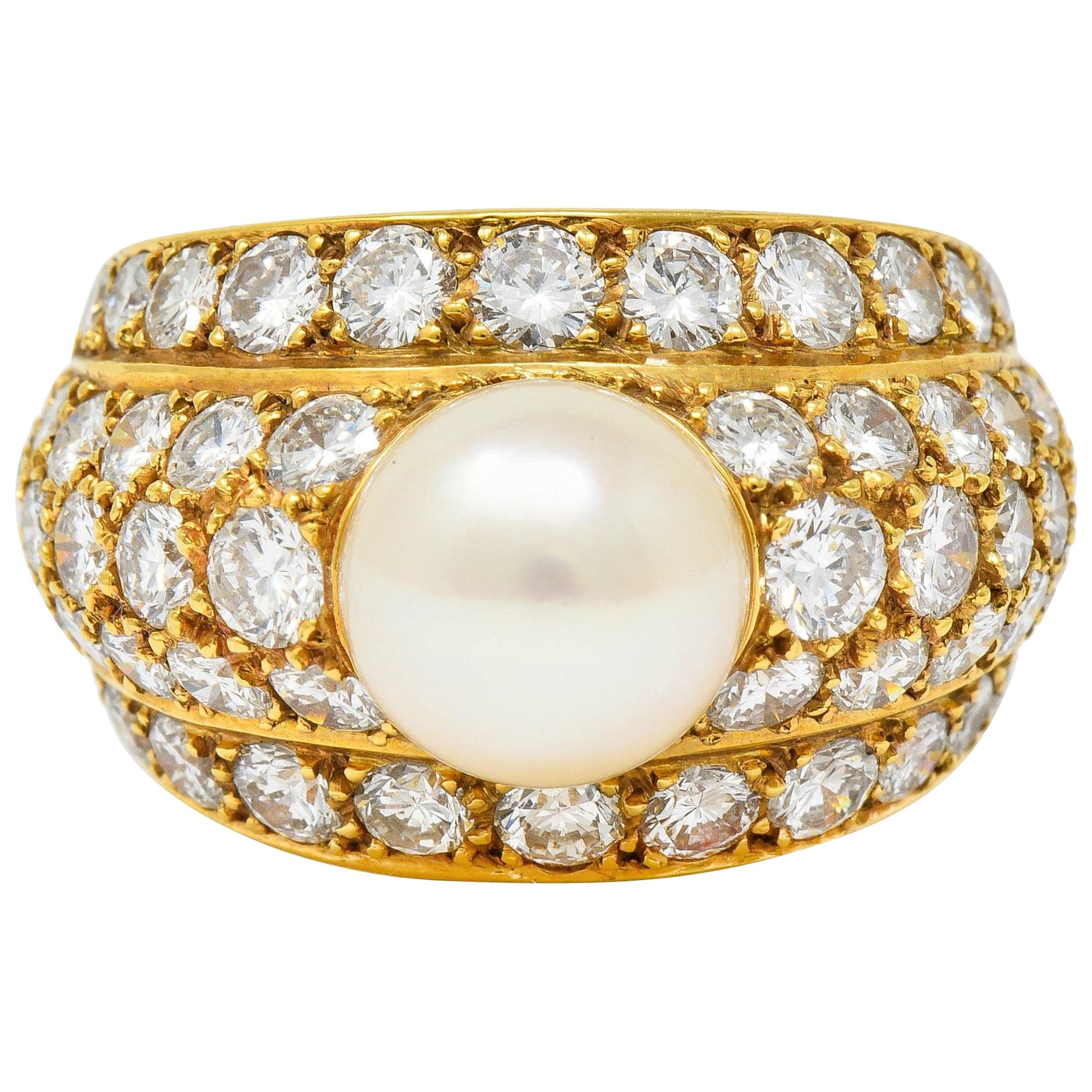 Cartier 2.80 Carat Pave Diamond Cultured Pearl French 18 Karat Gold Band Ring