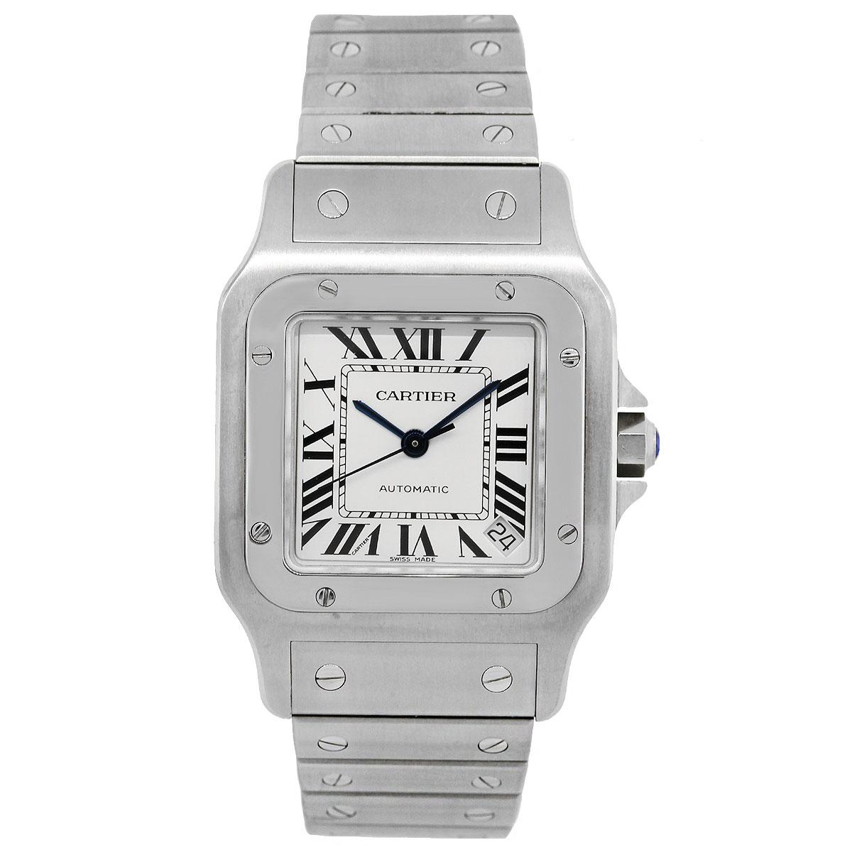 Brand: Cartier
MPN: 2823
Model: Santos Galbee
Case Material: Stainless Steel
Case Diameter: 32mm
Bezel: Stainless Steel smooth bezel
Dial: White dial with black roman numeral hour markers, blue hands and a date window displayed in between 4 and 5