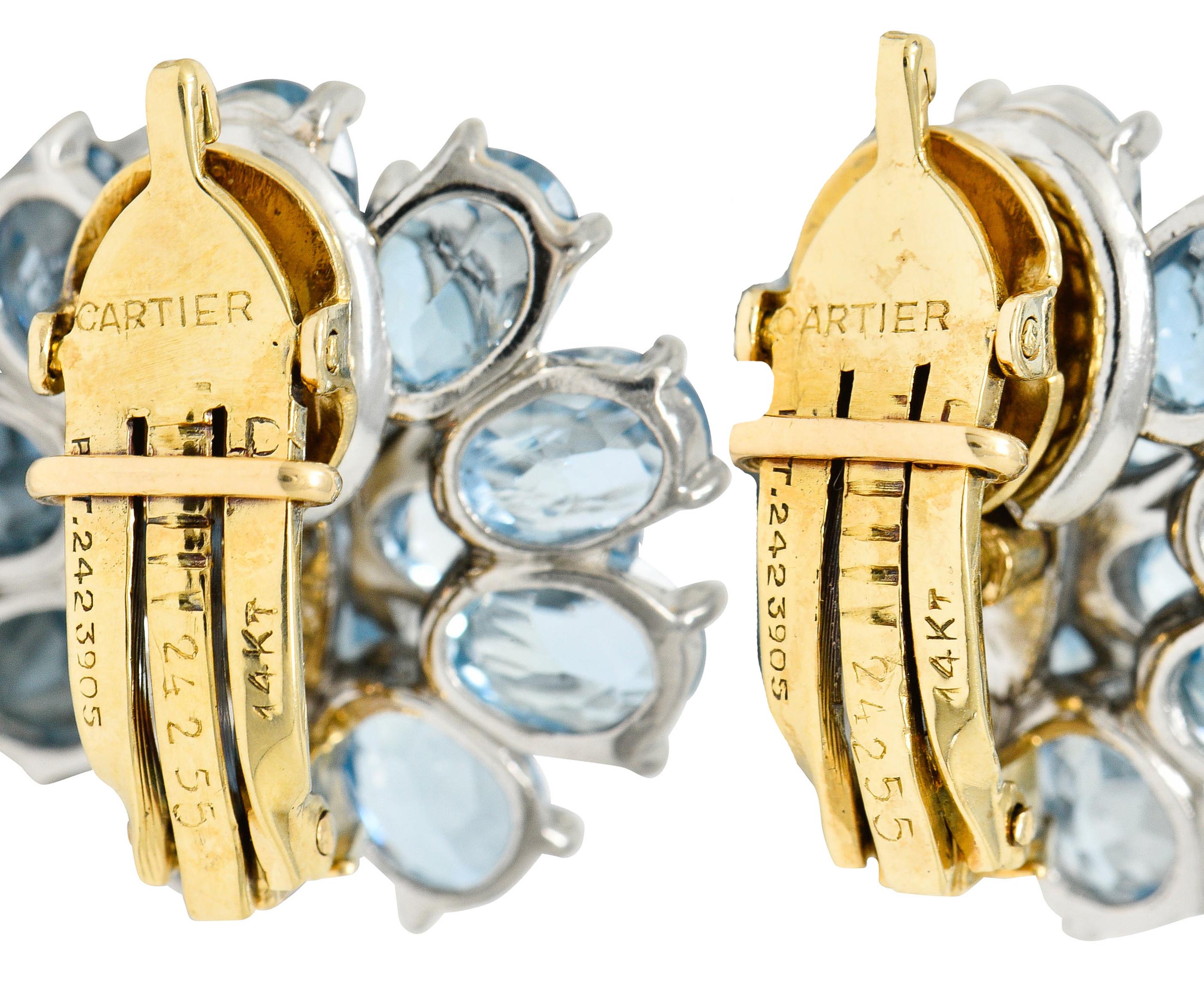 Retro Cartier 28.60 Carats Aquamarine Diamond Platinum 14 Karat Gold Flower Earrings