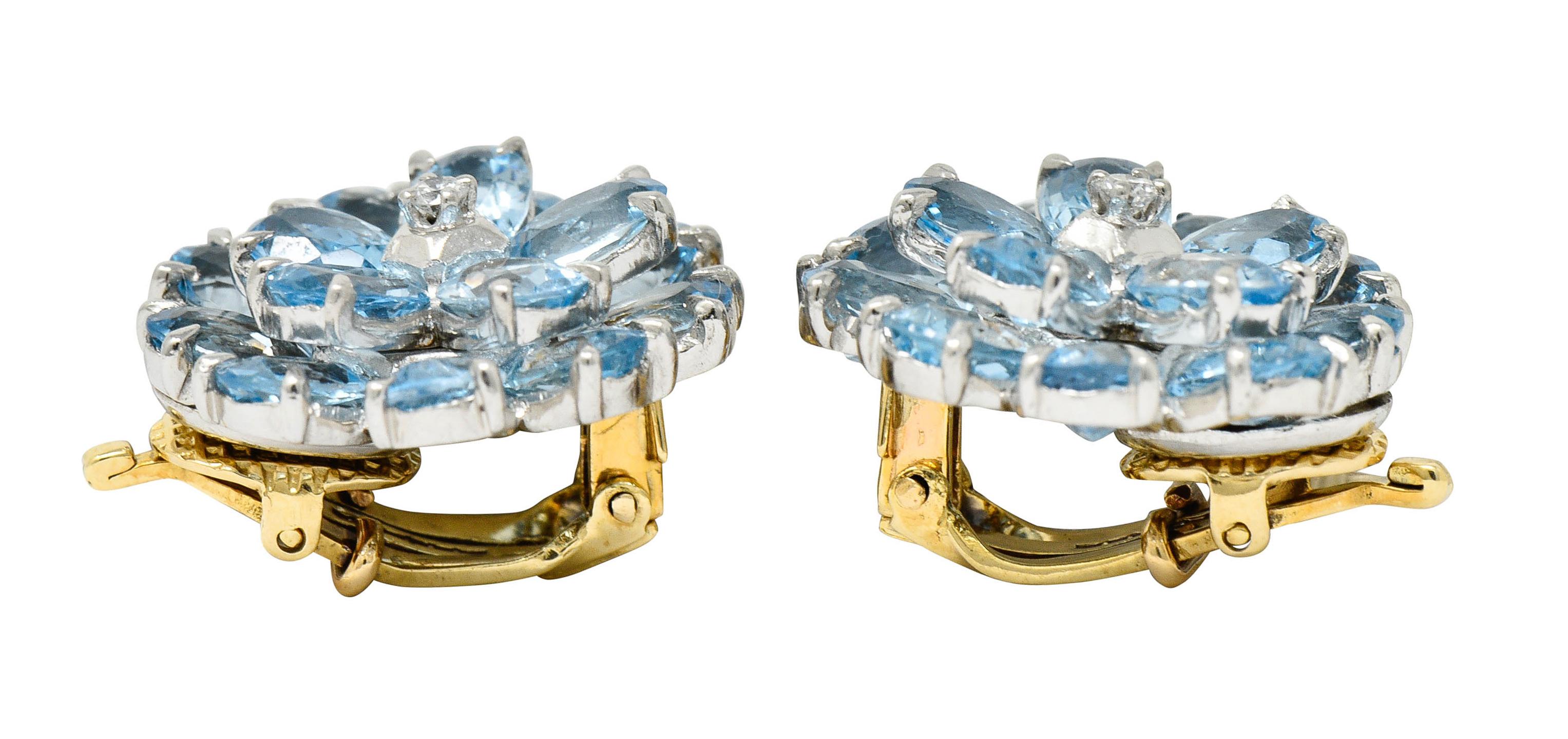 Oval Cut Cartier 28.60 Carats Aquamarine Diamond Platinum 14 Karat Gold Flower Earrings