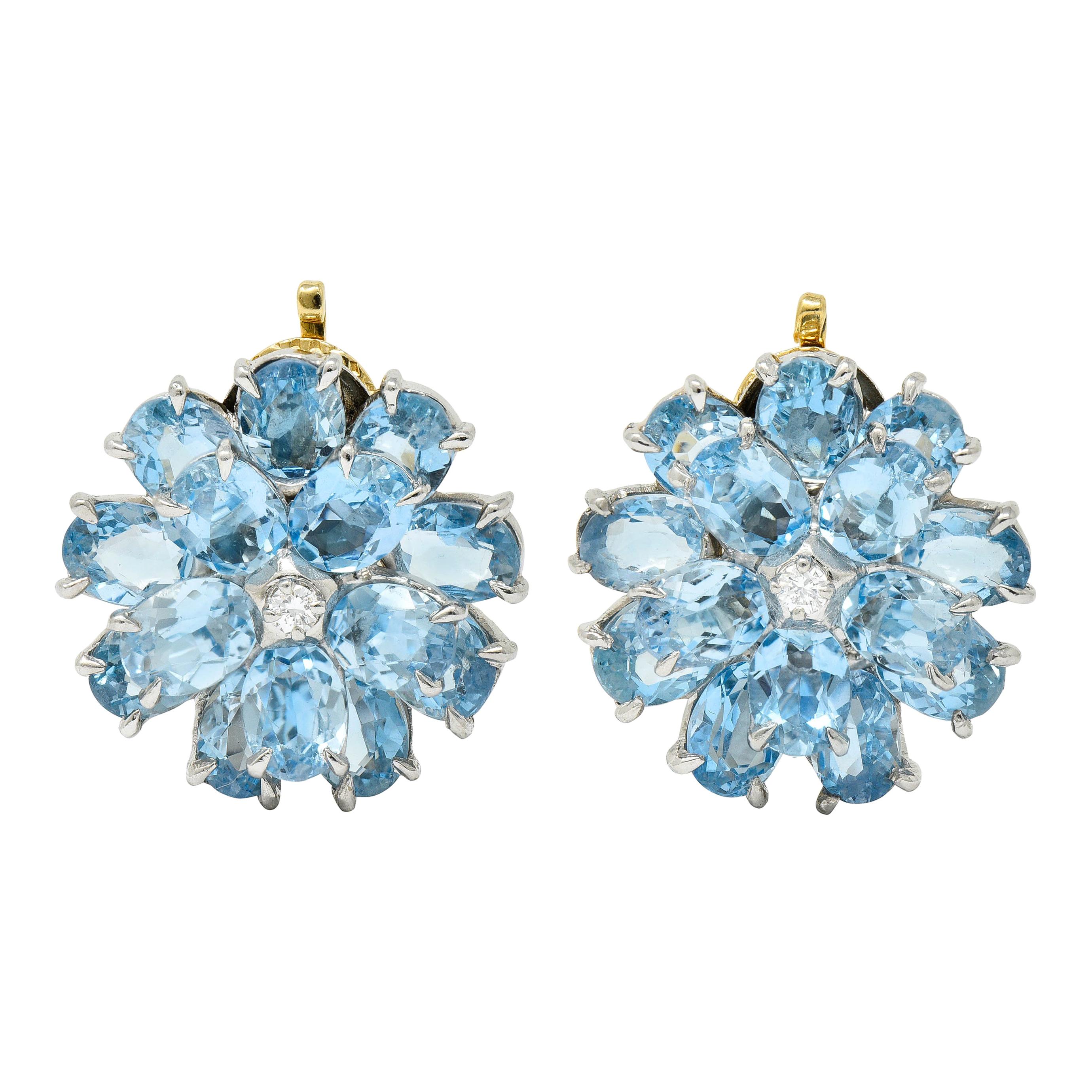 Cartier 28.60 Carats Aquamarine Diamond Platinum 14 Karat Gold Flower Earrings