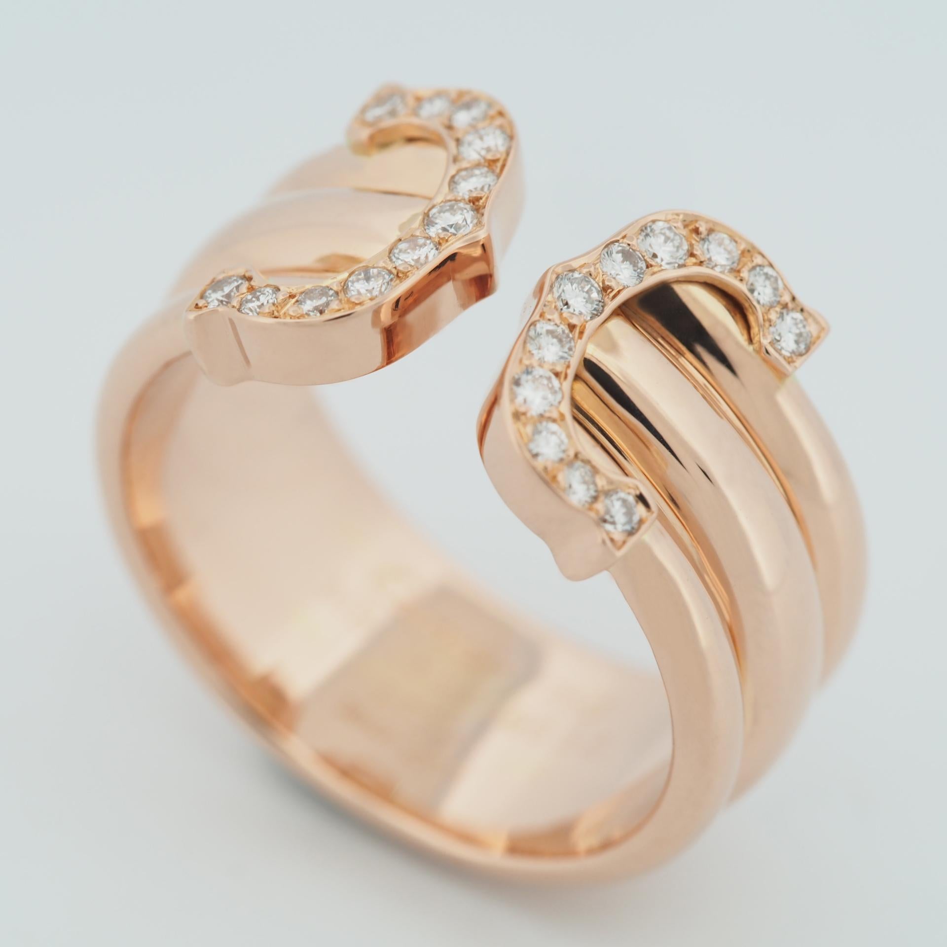Item: Authentic Cartier 2C Double C Ring 150th Aniversarry  Limited Edition
Stones: Diamond
Metal: 18K Rose Gold
Ring Size: 52 US SIZE 6.5  UK SIZE M 1/4
Internal Diameter: 16.80 mm
Measurements: 8.8 - 10.5 mm Width
Weight: 6.5 Grams
Condition: Used
