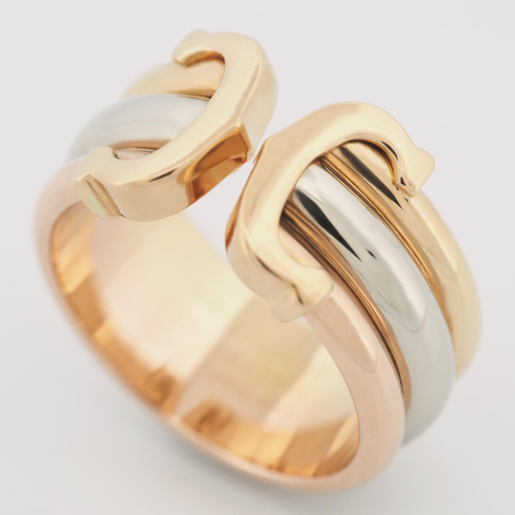 Item: Authentic Cartier 2C Ring LM
Stones: ---
Metal: 18K Yellow / Rose / White Gold
Ring Size: 52 US SIZE 6.25 UK SIZE L 3/4
Internal Diameter:  16.75 mm
Measurements:  8.8 - 10.4 mm
Weight:  8.0 Grams
Condition: Used (repolished)
Retail Price: