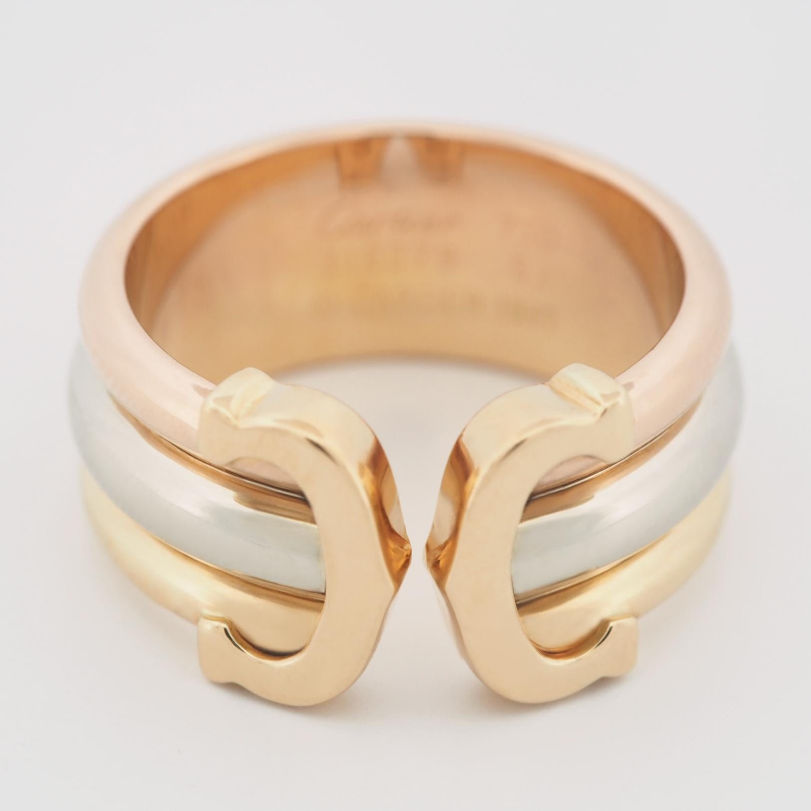 Women's or Men's Cartier 2C Double C Ring LM Tri Color Gold 52 US 6.25 For Sale