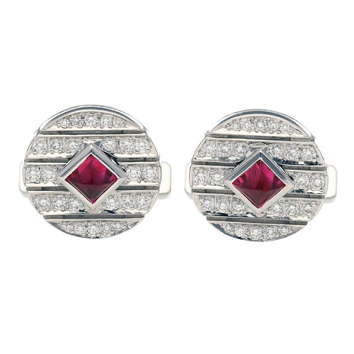 Cartier Manschettenknöpfe in runder Form, 2P Rubin Diamant 18K Weißgold (Carréeschliff) im Angebot