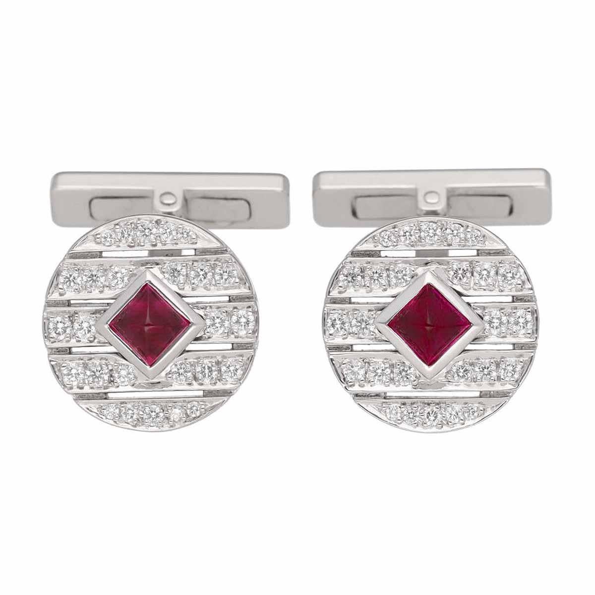 Cartier Manschettenknöpfe in runder Form, 2P Rubin Diamant 18K Weißgold (Carréeschliff) im Angebot