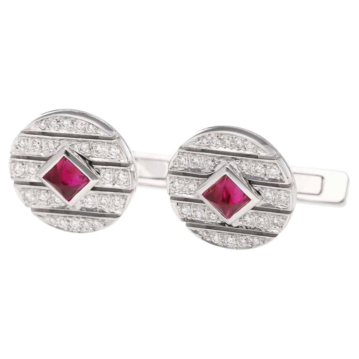 Cartier Manschettenknöpfe in runder Form, 2P Rubin Diamant 18K Weißgold im Angebot