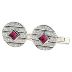 Cartier 2P Ruby Diamond 18K White Gold Round Shape Cufflinks